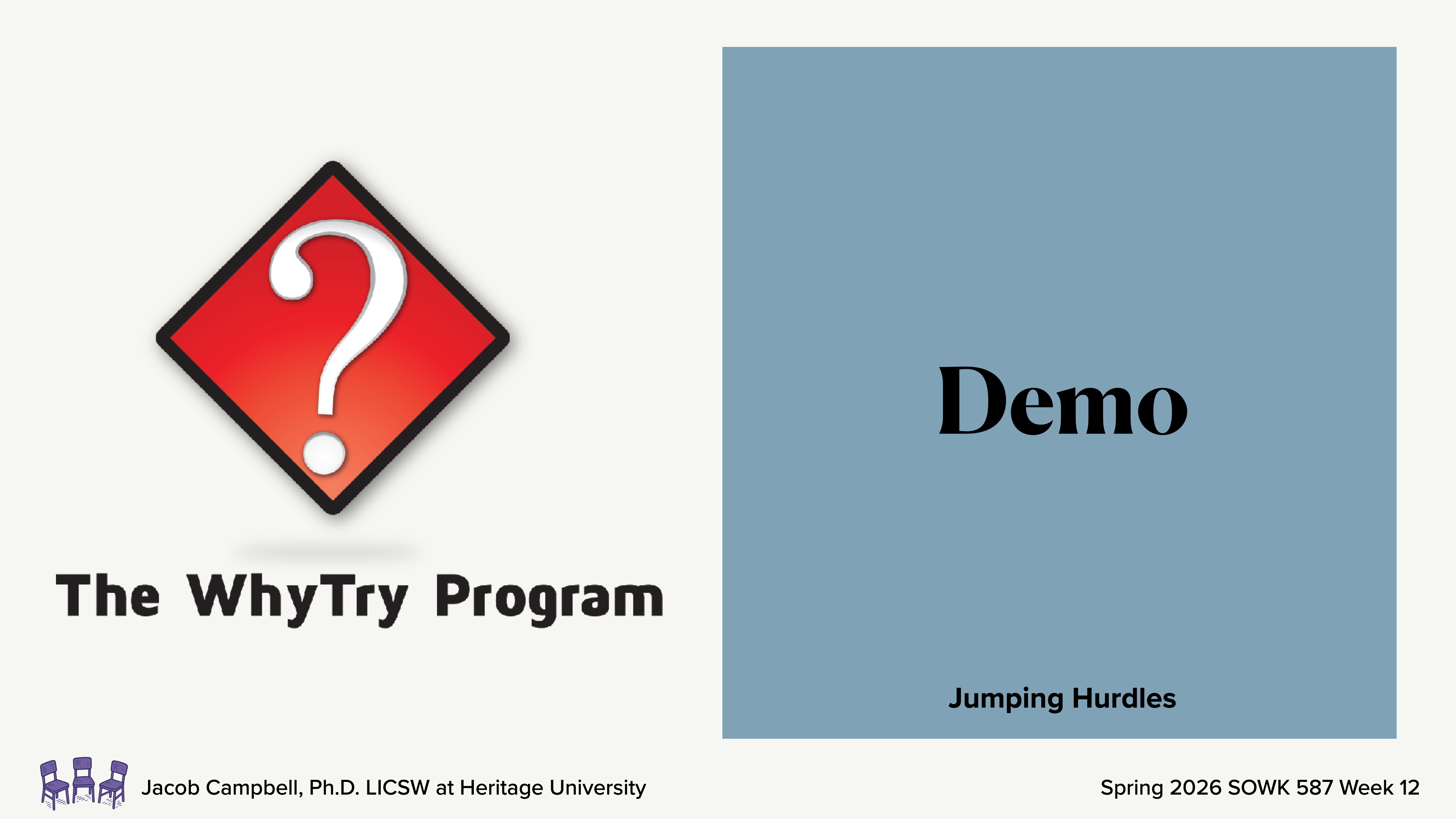 A presentation slide features a red diamond with a white question mark, titled 'The WhyTry Program.' The right side displays a blue box labeled 'Demo' and 'Jumping Hurdles.' Title area reads, 'Jacob Campbell, Ph.D. LICSW at Heritage University, Spring 2026 SOWK 587 Week 12.'