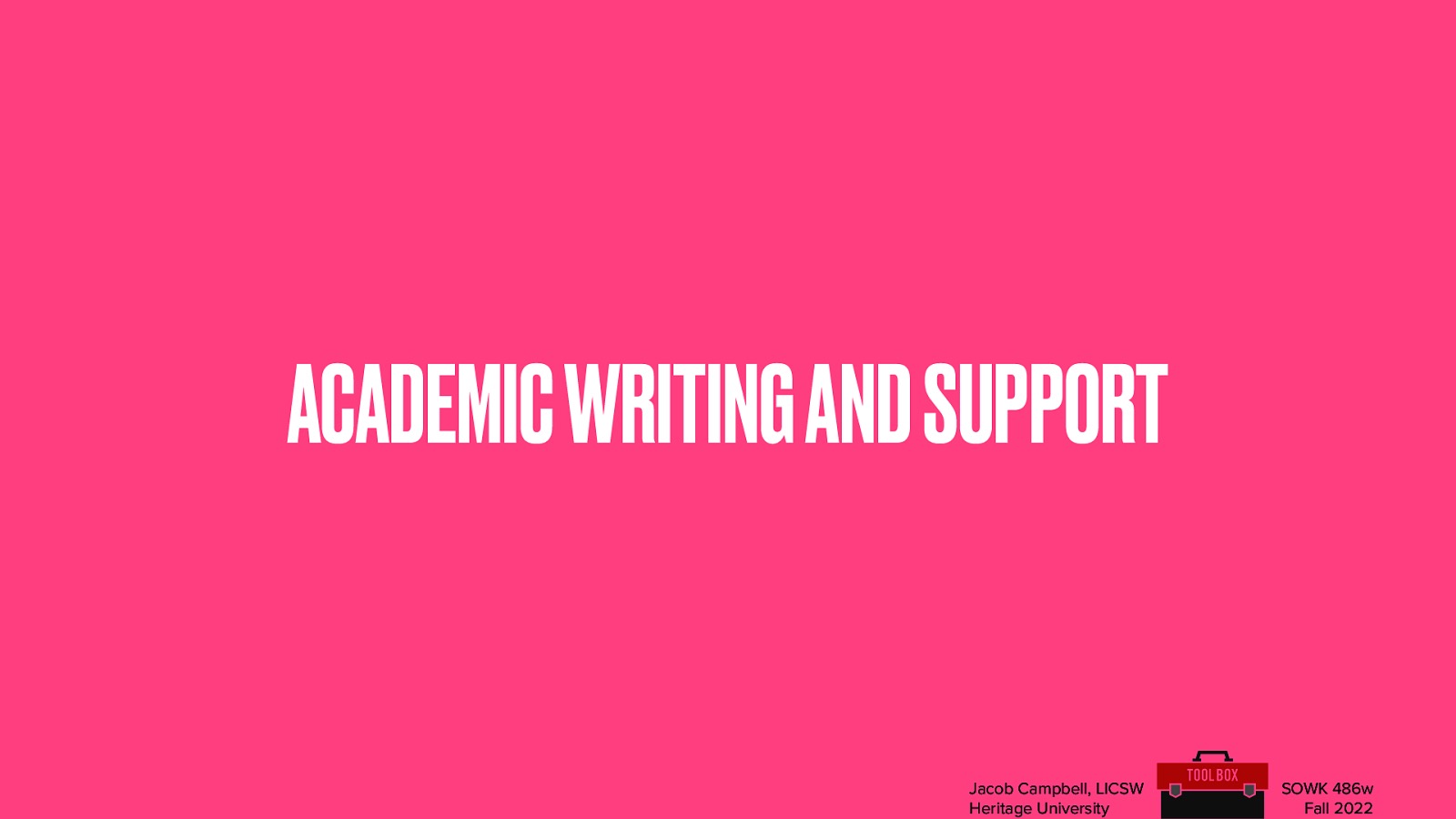 ACADEMIC WRITING AND SUPPORT Jacob Campbell, LICSW Heritage University SOWK 486w Fall 2022
