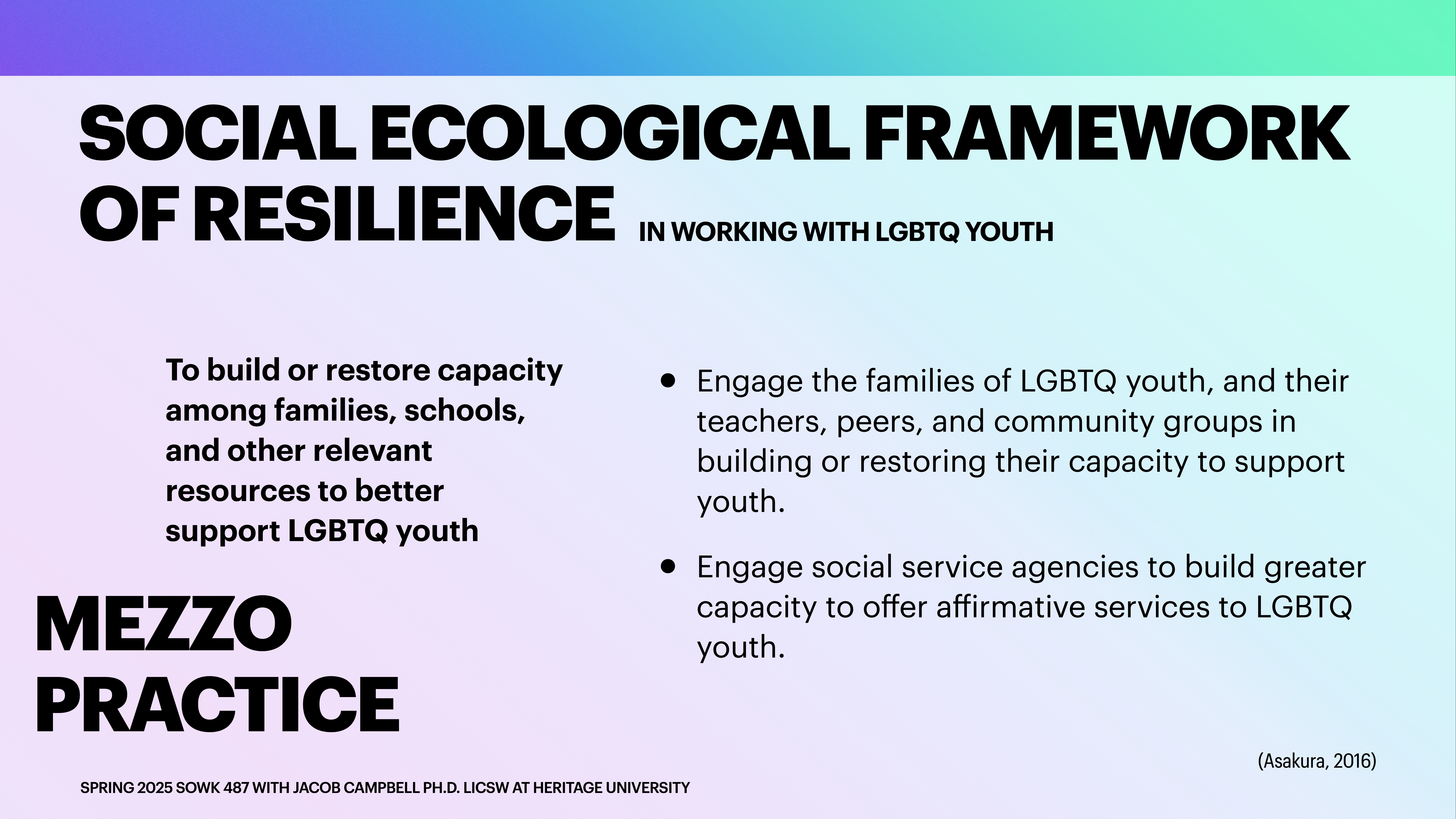 Slide displays a title, 'Social Ecological Framework of Resilience in Working with LGBTQ Youth,' with text about building capacity in families, schools, and social services to support LGBTQ youth. It emphasizes engaging families, teachers, peers, and social service agencies for affirmative services. Upper gradient is blue to green.Spring 2023 SOWK 487 with Jacob Campbell PhD, LICSW at Heritage University. (Asakura, 2016)