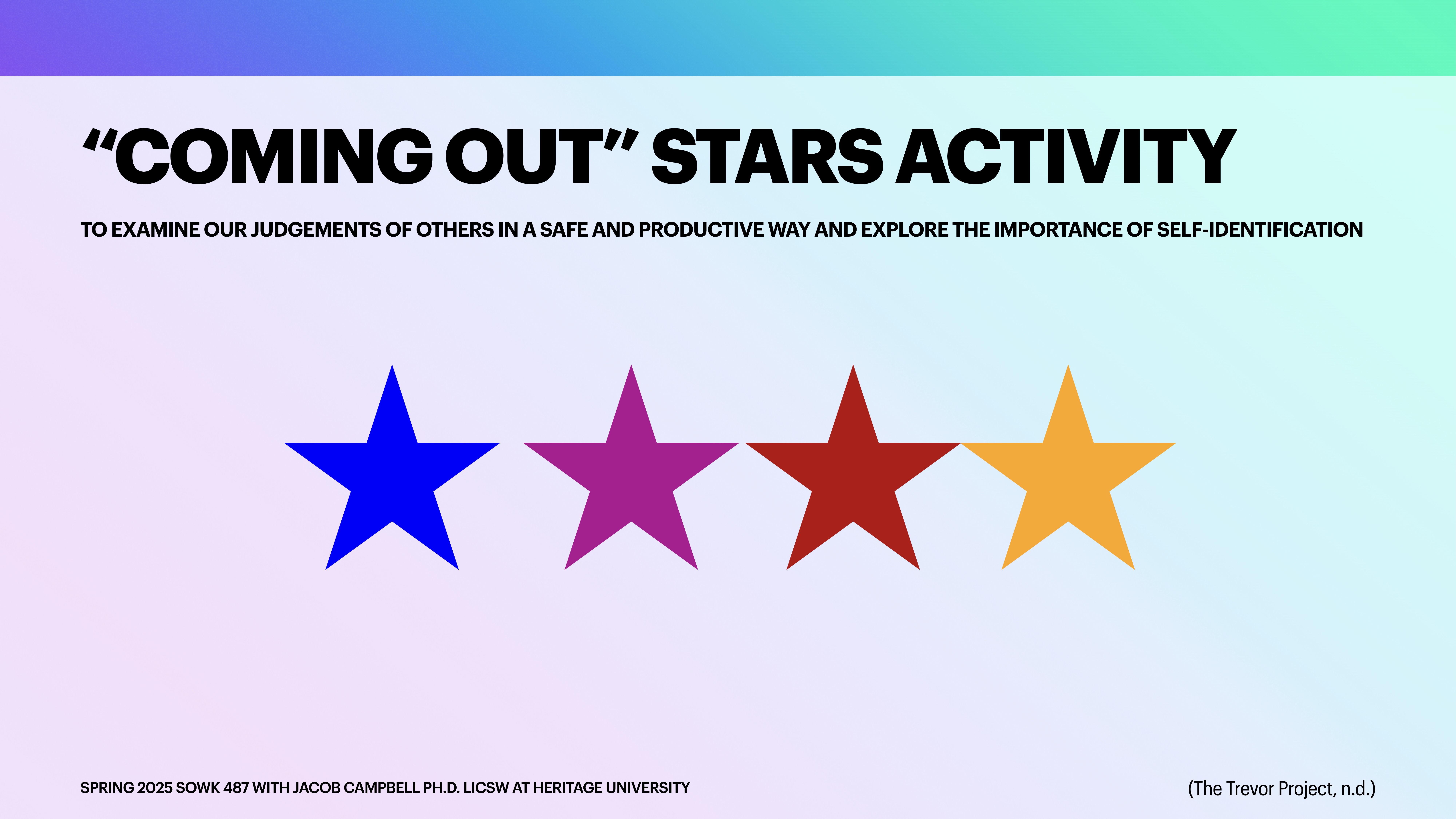 The image features five colored stars in blue, purple, red, brown, and orange against a gradient background. Text reads: ''Coming Out' Stars Activity' for examining judgments and self-identification. Context mentions a university course and The Trevor Project.