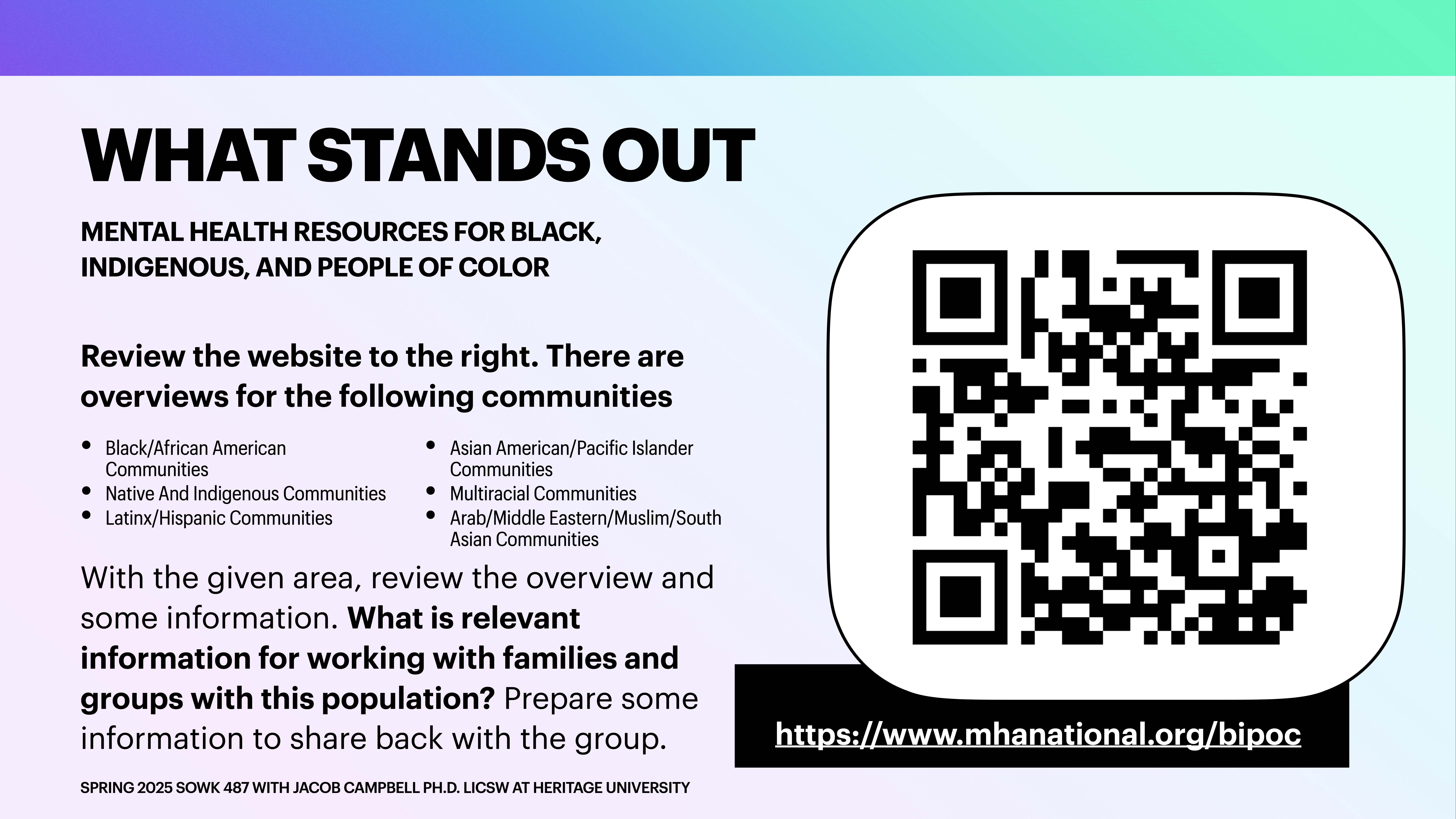 A presentation slide shows a large QR code to the right, linking to 'https://www.mhanational.org/bipoc,' with text discussing mental health resources for various communities, including Black, Indigenous, and people of color.