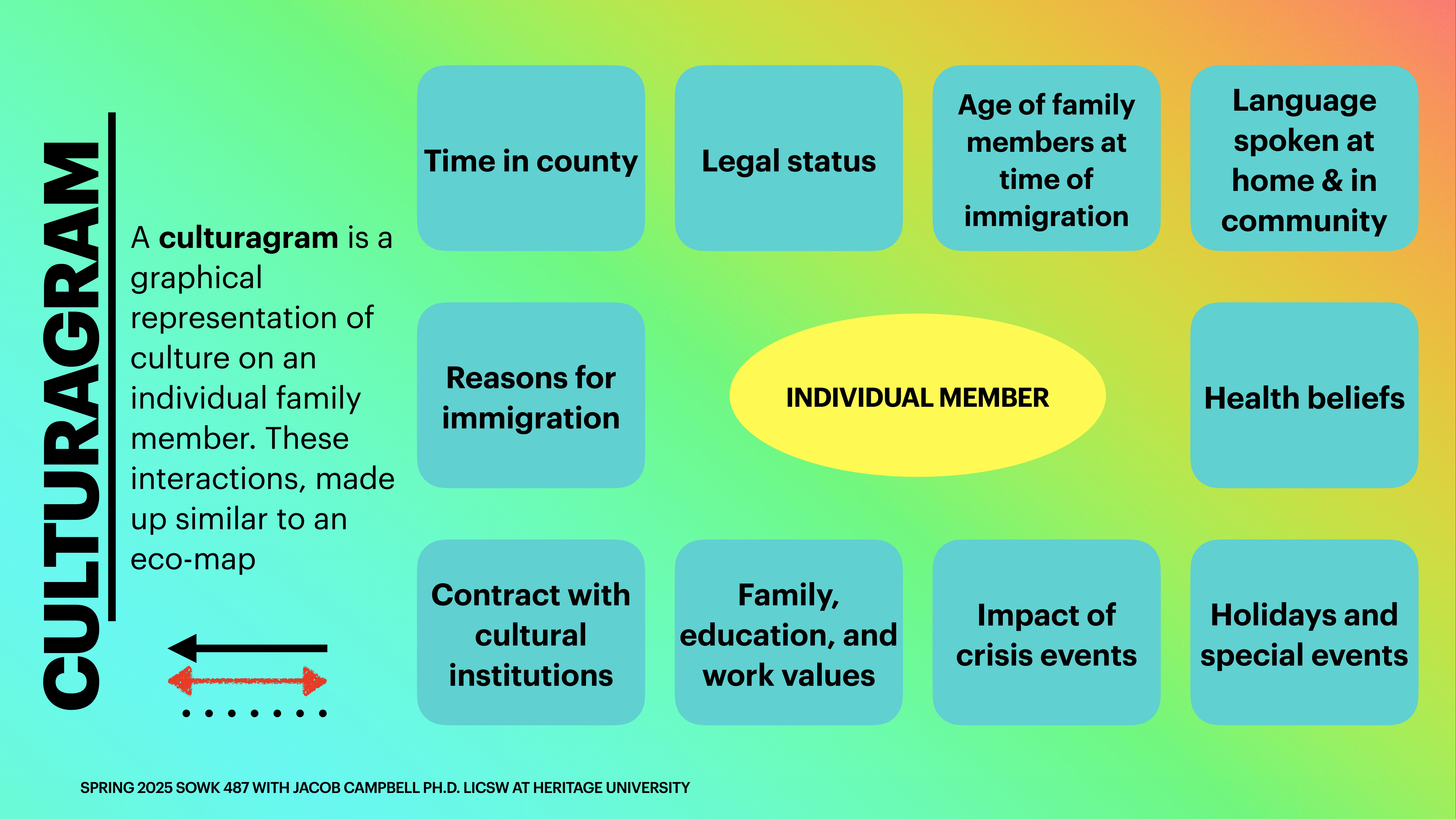 The image presents a 'culturagram,' a graphical tool for analyzing cultural aspects of an individual. It includes elements like legal status, health beliefs, and family values, surrounding 'INDIVIDUAL MEMBER.'