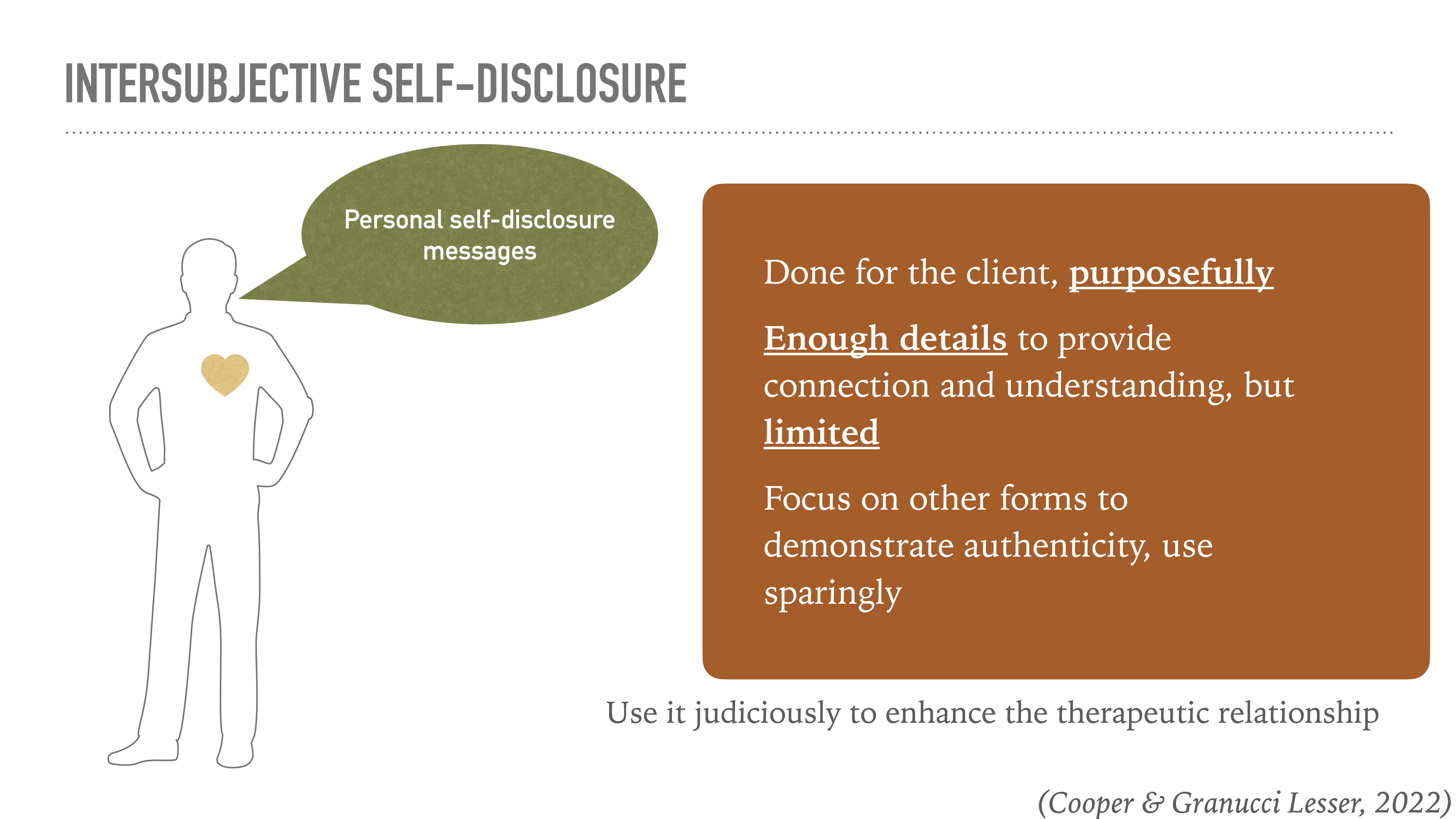 Silhouette of a person with a heart and speech bubble labeled 'Personal self-disclosure messages.' Text highlights: 'Done for the client, purposefully. Enough details for connection, but limited. Focus on other forms for authenticity, use sparingly.' 