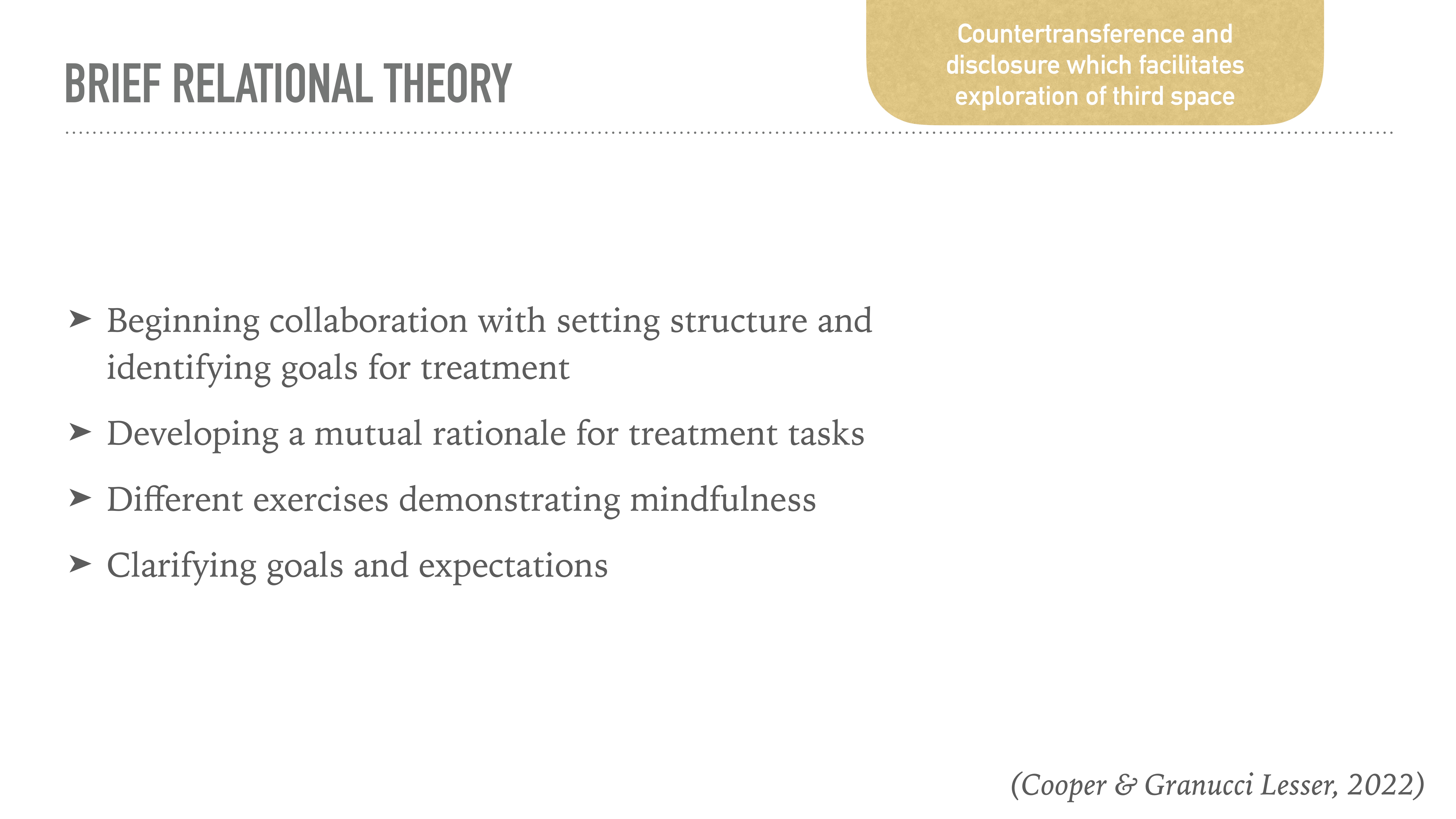 A slide displays text titled 'Brief Relational Theory,' listing: beginning collaboration, developing rationale, mindfulness exercises, and clarifying goals. A note mentions countertransference and third space exploration. Cited: Cooper & Granucci Lesser, 2022.