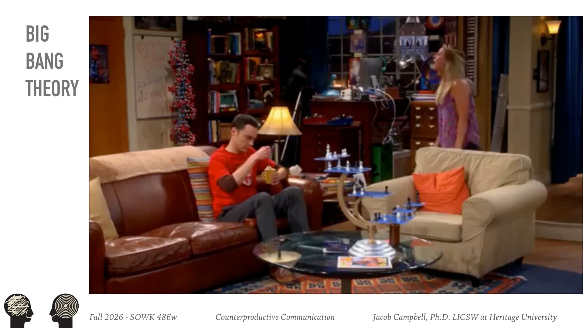 A scene from 'The Big Bang Theory' showing a man in a red shirt sitting on a beige couch eating in the apartment's living room. The text reads 'BIG BANG THEORY' on the left and 'Fall 2026 - SOJK 486w, Counterproductive Communication, Jacob Campbell, Ph.D. LICSW at Heritage University' at the bottom.
