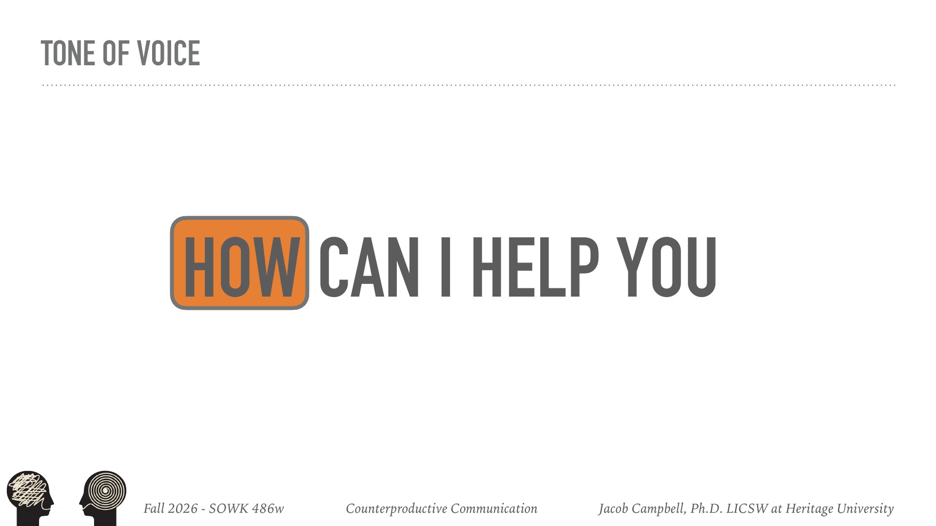 A presentation slide titled 'TONE OF VOICE' displays the phrase 'HOW CAN I HELP YOU' with 'HOW' emphasized in an orange rounded box. Footer indicates this is from Fall 2026 SOWA 486w Counterproductive Communication course at Heritage University. Two stylized head icons appear in bottom left corner.