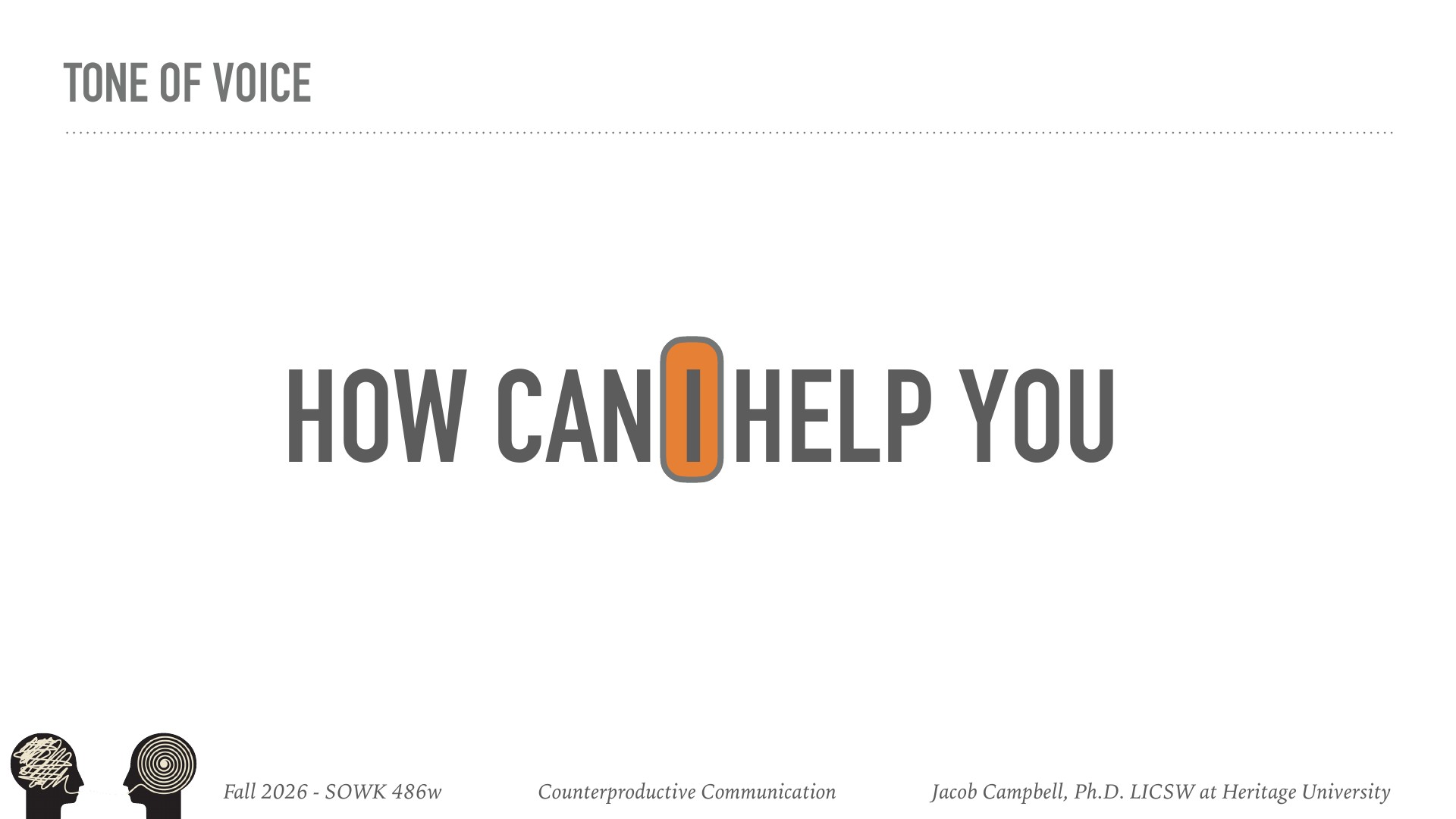 A presentation slide titled 'TONE OF VOICE' displays the phrase 'HOW CAN I HELP YOU' in large gray text with an orange rounded rectangle icon replacing the 'I'. Footer indicates this is from Fall 2026 SOWI 486w 'Counterproductive Communication' course taught by Jacob Campbell, Ph.D. LICSW at Heritage University.