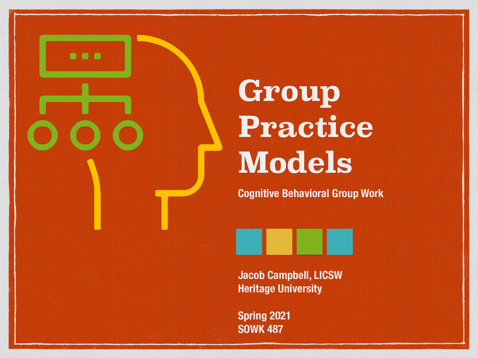 Time: Wednesday’s from 5:30-8:15 Date: 02/24/21 Content: Cognitive Behavioral Group Work Reading Assignment: Garvin et al. (2017) Chapter 8 Due Dates:   A-01: Synchronous Class Engagement Attend class  A-02: Asynchronous Class Engagement Thinking errors teach back video with an initial post due Friday 02/26/21 at 11:55 PM and two replies due Sunday 02/28/21 at 11:55 PM via My Heritage Class Forums   A-03a: Family Treatment Modality Research Paperdue Sunday 02/28/21 at 11:55 PM via My Heritage Assignments   Read Garvin et al. (2017) Chapter 8 
