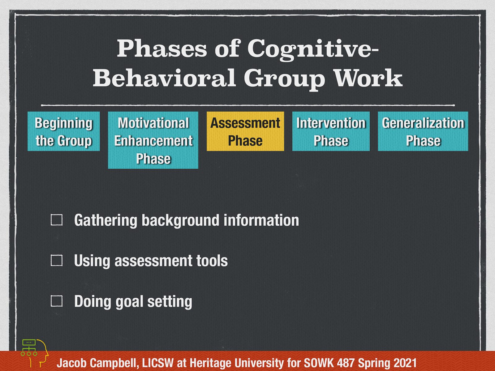  In the assessment phase it might take place before the group or in the orientation phase as well as throughout the group process. In this phase the worker is:    Gathering background information: Before, at the beginning or during  Using assessment tools: think screeners  Doing goal setting: both individual and common treatment goals. 
