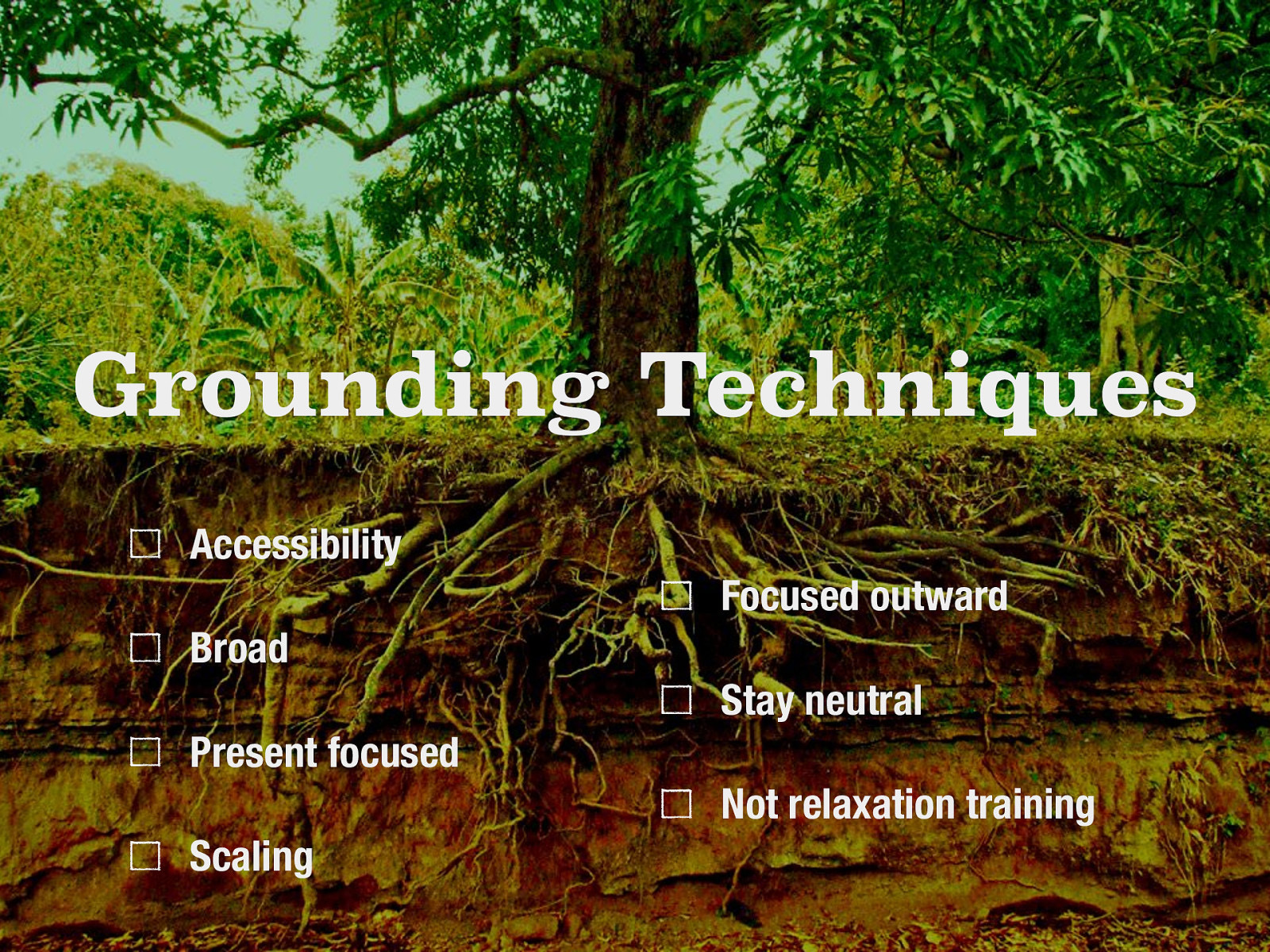  I want to share with all of you a tool that that I have often taught to clients. Grounding is a set of simple strategies to detach from emotional pain. To be grounding, it should fall under the following guidelines…    Accessibility:  do it at any time, any place, anywhere, and no one has to know.  Broad:  put a healthy distance between you and negative feelings (useful for when faced with a trigger, enraged, dissociating, having a substance craving).  Present Focused:  keep your eyes open, scan the room, and turn the lights on to stay in touch with the present.  Do not focus on the past or the future.  Scaling:  scale your emotions when using grounding.  Rate at your emotion (craving, impulse… etc) on a scale from 0-10 before beginning grounding.  After implementing your grounding technique, rate your emotion again.  Focus Outward:   Do not talk, think, or journal about your feelings.  The purpose of grounding is to distract away from negative feelings, not get in touch with them.  Stay Neutral:  avoid judgments of good and bad.  Not Relaxation Training:  note that grounding is not the same as relaxation training.  Grounding is more active, focuses on distraction strategies, and is intended to help extreme negative feelings.   [Whole Class Activity] Review the sheet. Practice some of the skills / discuss them. Talk about how it can be implemented in a group format (in part or whole)  [ ] Print 24 copy of Using Grounding To Detach From Emotional Pain handout
