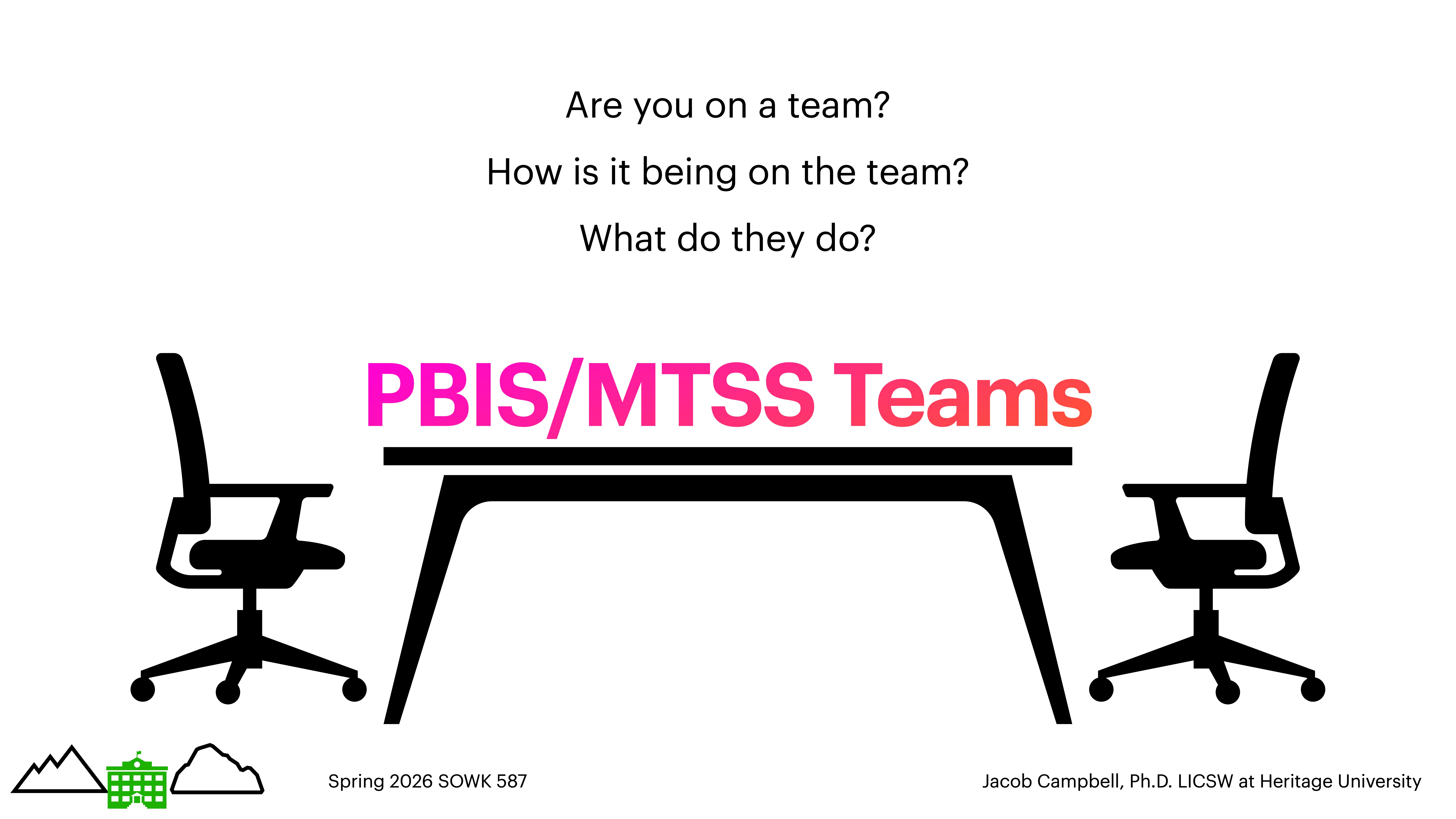 Two chairs face each other across a table, symbolizing a meeting. Text above asks about team participation: 'Are you on a team? How is it being on the team? What do they do?' Bold text below reads 'PBIS/MTSS Teams.' Additional details: Spring 2026 SOWK 587, Jacob Campbell, Ph.D. LICSW at Heritage University.