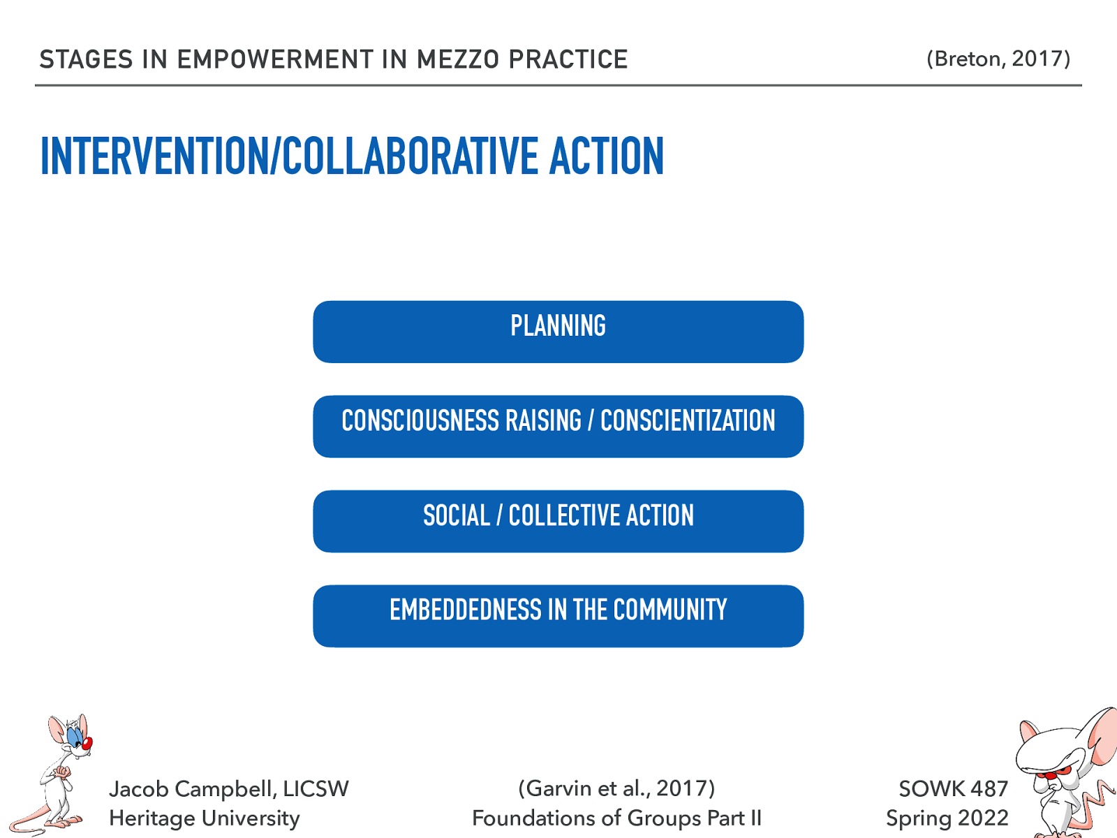 STAGES IN EMPOWERMENT IN MEZZO PRACTICE (Breton, 2017) INTERVENTION/COLLABORATIVE ACTION PLANNING CONSCIOUSNESS RAISING / CONSCIENTIZATION SOCIAL / COLLECTIVE ACTION EMBEDDEDNESS IN THE COMMUNITY Jacob Campbell, LICSW Heritage University (Garvin et al., 2017) Foundations of Groups Part II SOWK 487 Spring 2022
