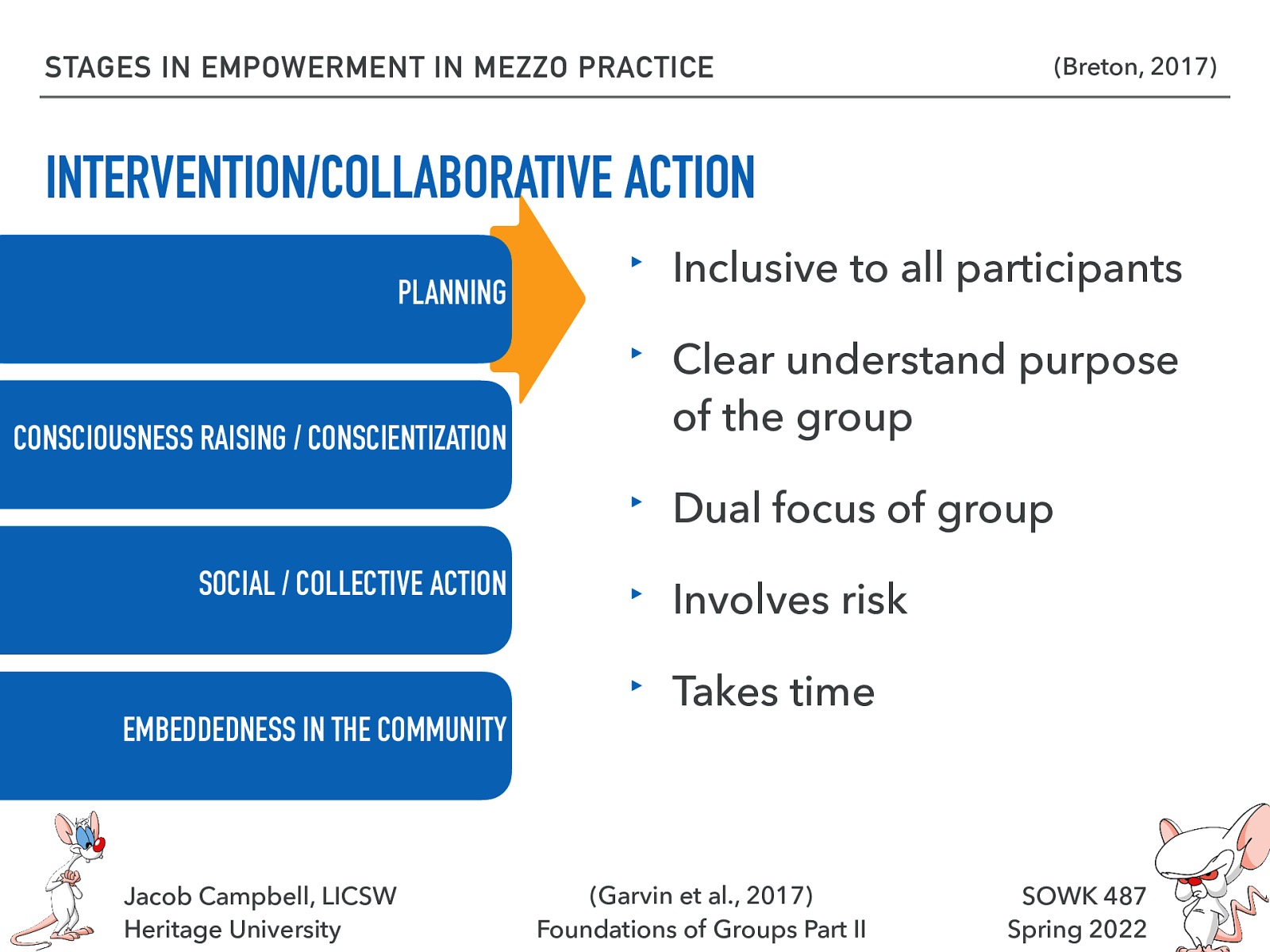 STAGES IN EMPOWERMENT IN MEZZO PRACTICE (Breton, 2017) INTERVENTION/COLLABORATIVE ACTION PLANNING ‣ Inclusive to all participants CONSCIOUSNESS RAISING / CONSCIENTIZATION ‣ Clear understand purpose of the group ‣ Dual focus of group SOCIAL / COLLECTIVE ACTION EMBEDDEDNESS IN THE COMMUNITY Jacob Campbell, LICSW Heritage University ‣ Involves risk ‣ Takes time (Garvin et al., 2017) Foundations of Groups Part II SOWK 487 Spring 2022
