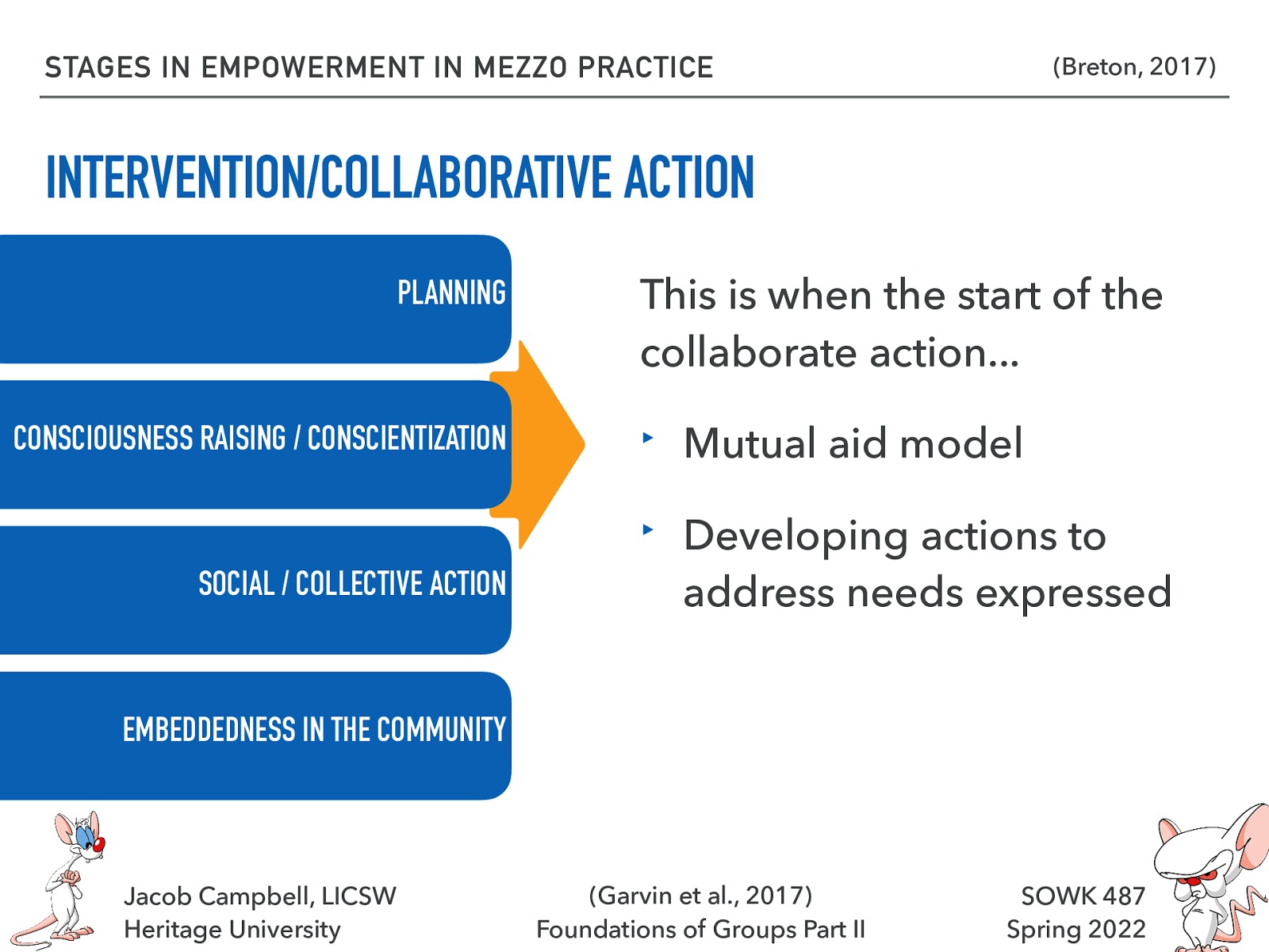 STAGES IN EMPOWERMENT IN MEZZO PRACTICE (Breton, 2017) INTERVENTION/COLLABORATIVE ACTION PLANNING CONSCIOUSNESS RAISING / CONSCIENTIZATION SOCIAL / COLLECTIVE ACTION This is when the start of the collaborate action… ‣ Mutual aid model ‣ Developing actions to address needs expressed EMBEDDEDNESS IN THE COMMUNITY Jacob Campbell, LICSW Heritage University (Garvin et al., 2017) Foundations of Groups Part II SOWK 487 Spring 2022
