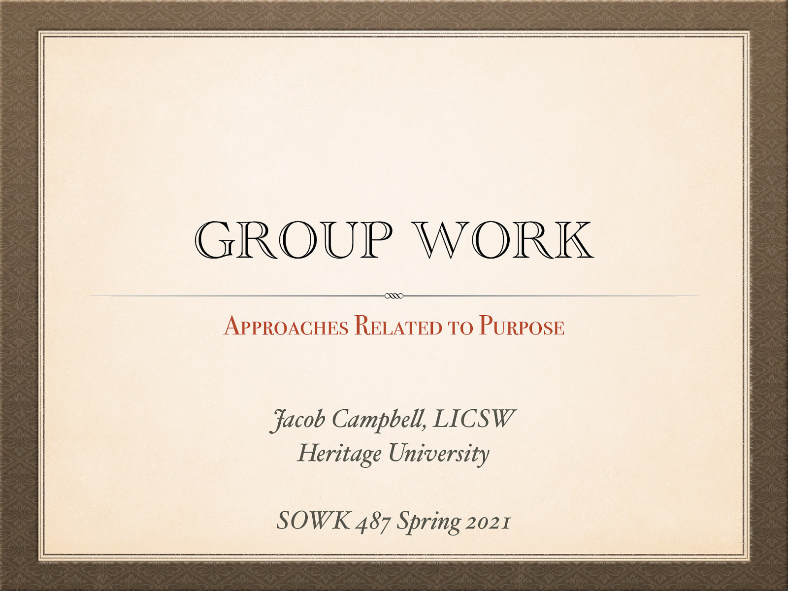 Time: Wednesday’s from 5:30-8:15 Date: 03/03/21 Content: Group Work Approaches Related to Purpose Reading Assignment: Garvin et al. (2017) Chapters 9-11 Due Dates:   A-01: Synchronous Class Engagement Attend class  A-02: Asynchronous Class Engagement Experiences where something similar to psychoeducation has been impactful for you due Sunday 03/07/21 at 11:55 PM via Flipgrid   Read Garvin et al. (2017) Chapters 9-11 
