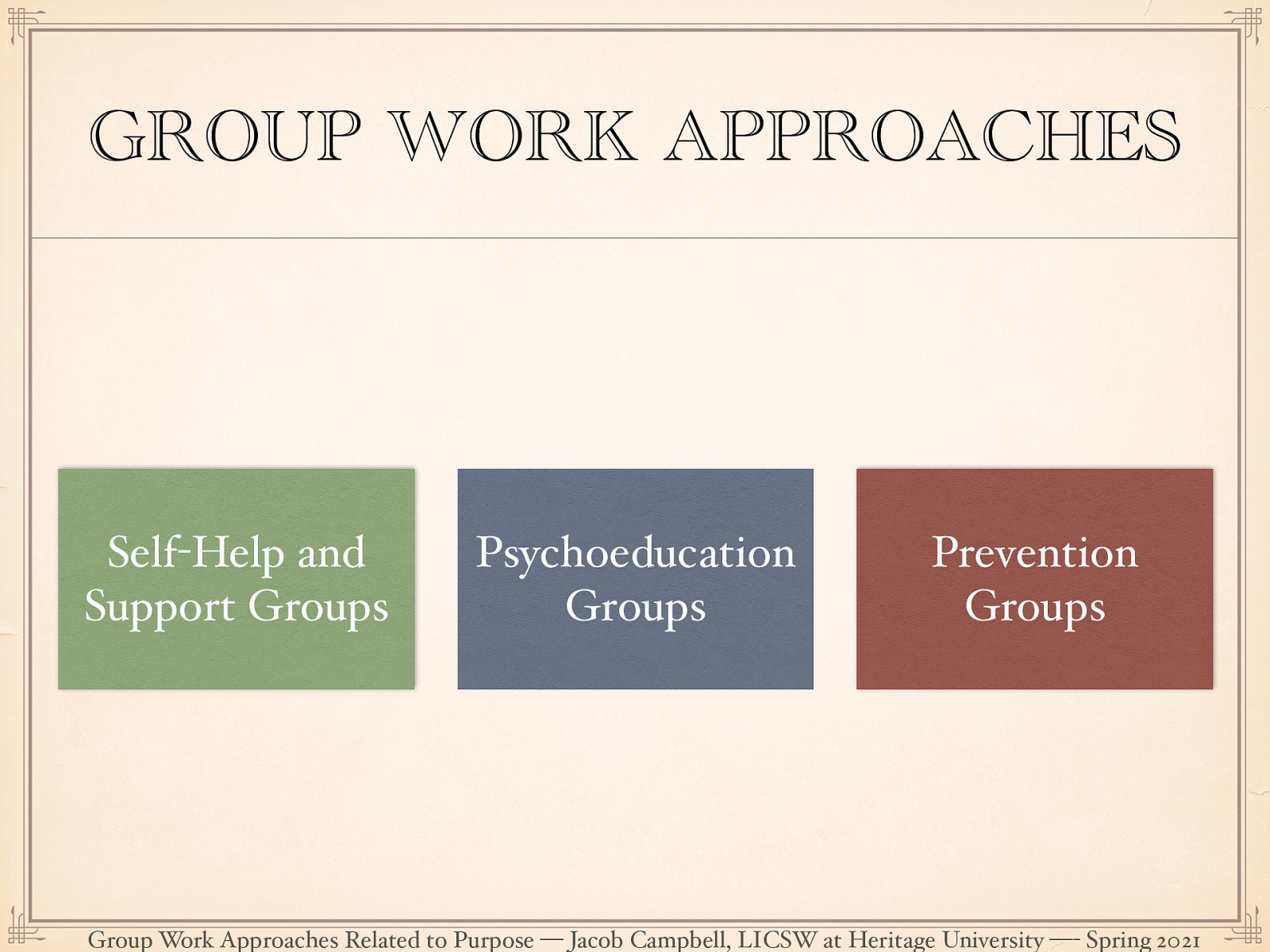  The reading this week reviewed three different approaches for group work related to purpose. These were:  Self-Help and Support Groups: Very related to the conversation we had regarding mutual aid groups and those concepts. Psychoeducation Groups: groups which are trying to either provide education, skill acquisition, and or self-knowledge. Prevention Groups: applying prevention concepts to a wide range of problems.  Today I want to spend time talking some about out prevention groups and psycho educational groups. 
