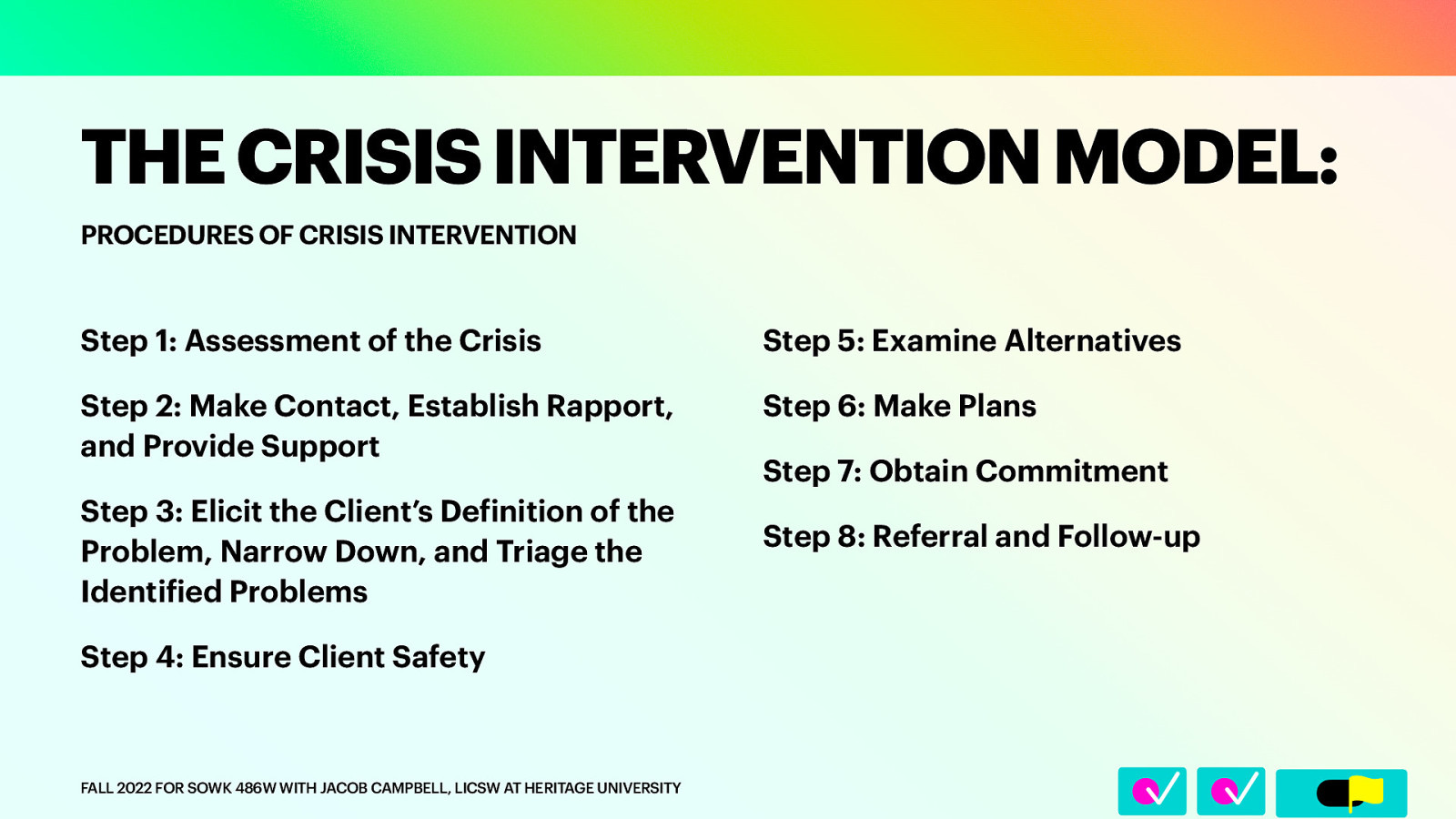 PROCEDURES OF CRISIS INTERVENTION Step 1: Assessment of the Crisis Step 5: Examine Alternatives Step 2: Make Contact, Establish Rapport, and Provide Support Step 6: Make Plans Step 3: Elicit the Client’s De inition of the Problem, Narrow Down, and Triage the Identi ied Problems Step 4: Ensure Client Safety f FALL 2022 FOR SOWK 486W WITH JACOB CAMPBELL, LICSW AT HERITAGE UNIVERSITY f 􀆅􀆅􀋊 THE CRISIS INTERVENTION MODEL: Step 7: Obtain Commitment Step 8: Referral and Follow-up
