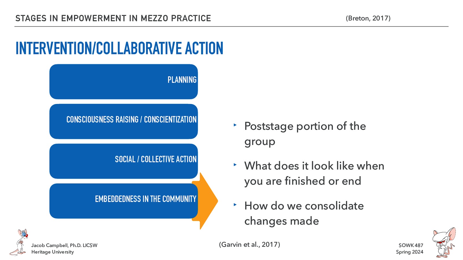 STAGES IN EMPOWERMENT IN MEZZO PRACTICE (Breton, 2017) INTERVENTION/COLLABORATIVE ACTION PLANNING CONSCIOUSNESS RAISING / CONSCIENTIZATION SOCIAL / COLLECTIVE ACTION EMBEDDEDNESS IN THE COMMUNITY fi Jacob Campbell, Ph.D. LICSW Heritage University ‣ Poststage portion of the group ‣ What does it look like when you are nished or end ‣ How do we consolidate changes made (Garvin et al., 2017) SOWK 487 Spring 2024
