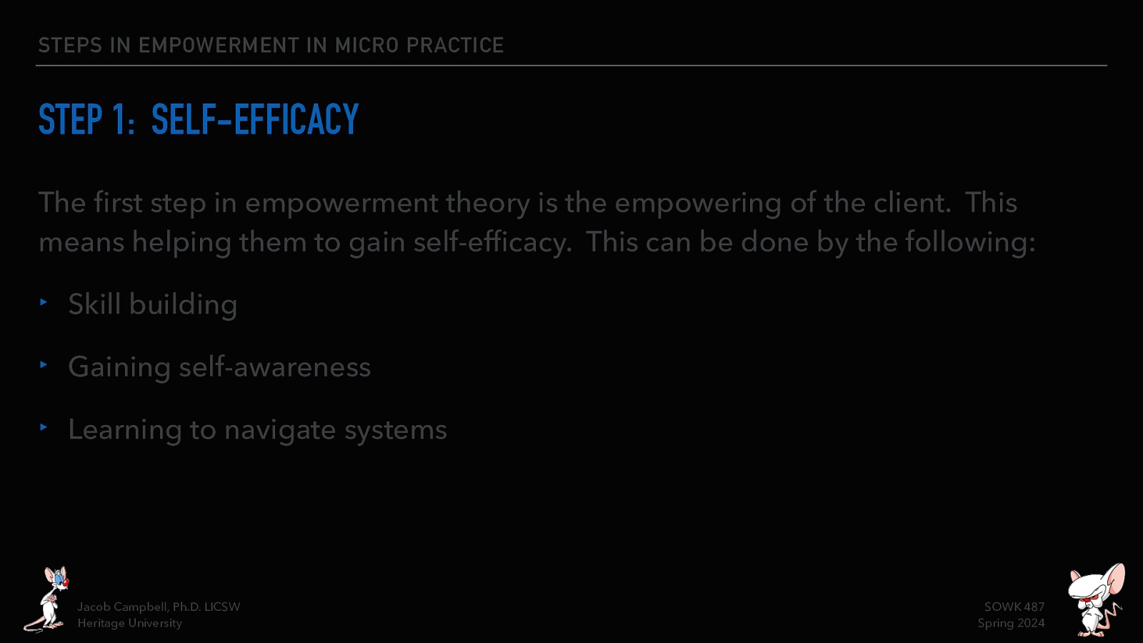 STEPS IN EMPOWERMENT IN MICRO PRACTICE STEP 1: SELF-EFFICACY The rst step in empowerment theory is the empowering of the client. This means helping them to gain self-ef cacy. This can be done by the following: ‣ Skill building ‣ Gaining self-awareness ‣ Learning to navigate systems SOWK 487 Spring 2024 fi fi Jacob Campbell, Ph.D. LICSW Heritage University
