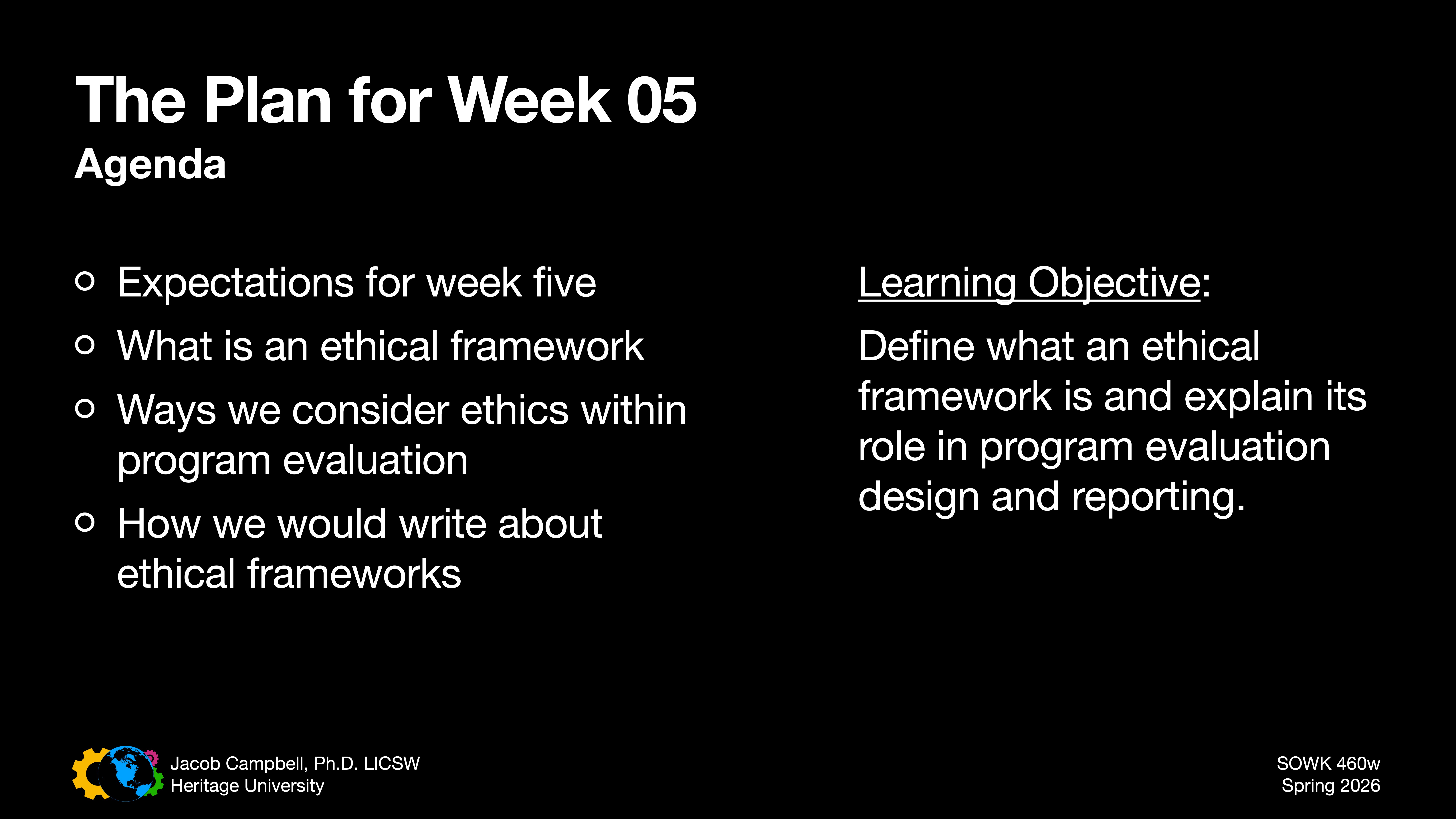 The slide presents a weekly plan with topics: 'Expectations for week five,' 'What is an ethical framework,' 'Ethics in program evaluation,' 'Writing about ethical frameworks.' Learning objective: define ethical framework in evaluation.
