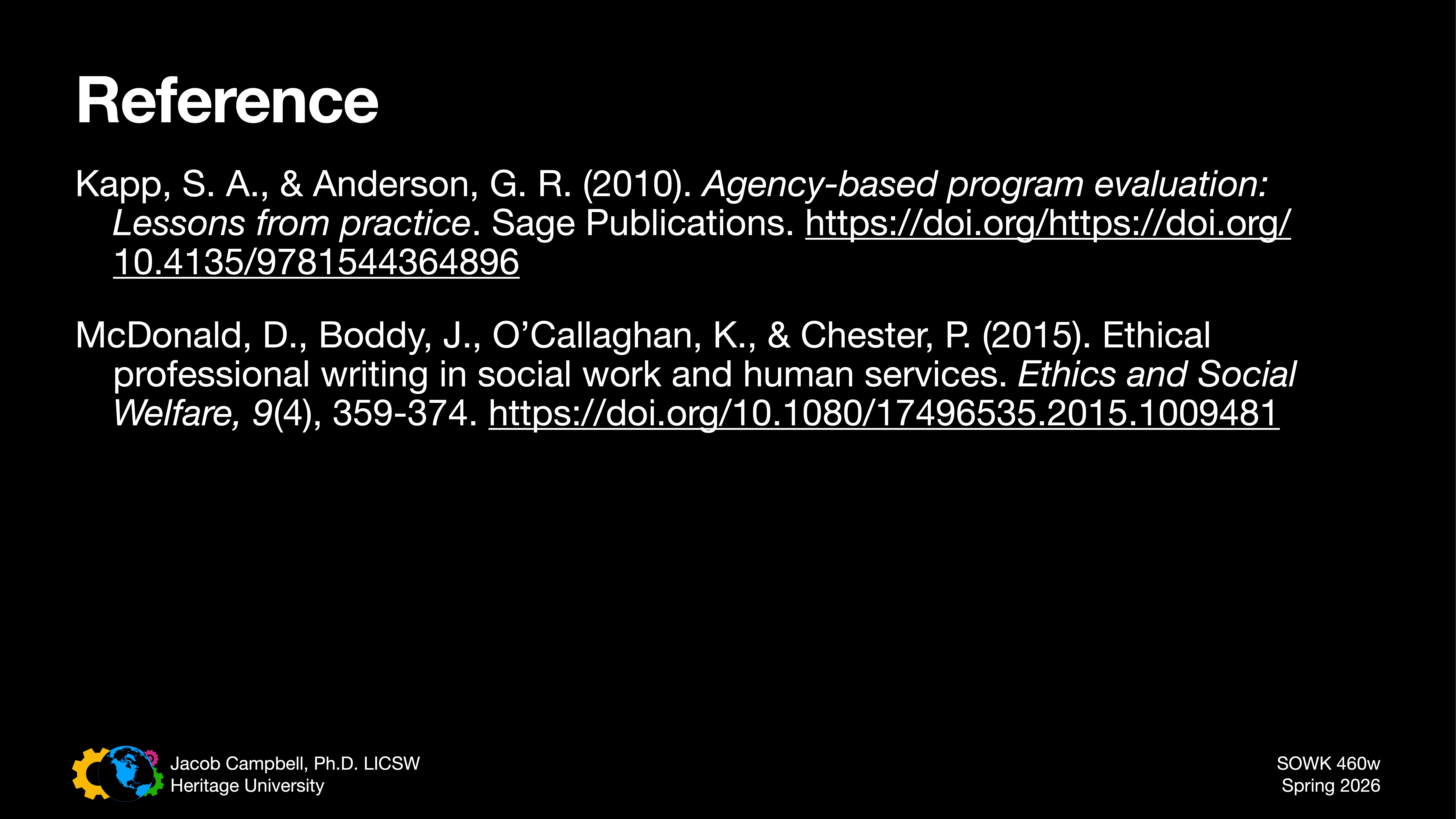 The slide contains bibliographic references. 1. Kapp, S. A., & Anderson, G. R. (2010). *Agency-based program evaluation: Lessons from practice*. Sage Publications. [Link: doi.org/10.4135/9781544364896]2. McDonald, D., Boddy, J., O’Callaghan, K., & Chester, P. (2015). *Ethical professional writing in social work and human services*. *Ethics and Social Welfare, 9*(4), 359-374. [Link: doi.org/10.1080/17496535.2015.1009481]Bottom-left corner: Jacob Campbell, Ph.D. LCSW, Heritage University logo. Bottom-right corner: SOWK 460w, Spring 2026.