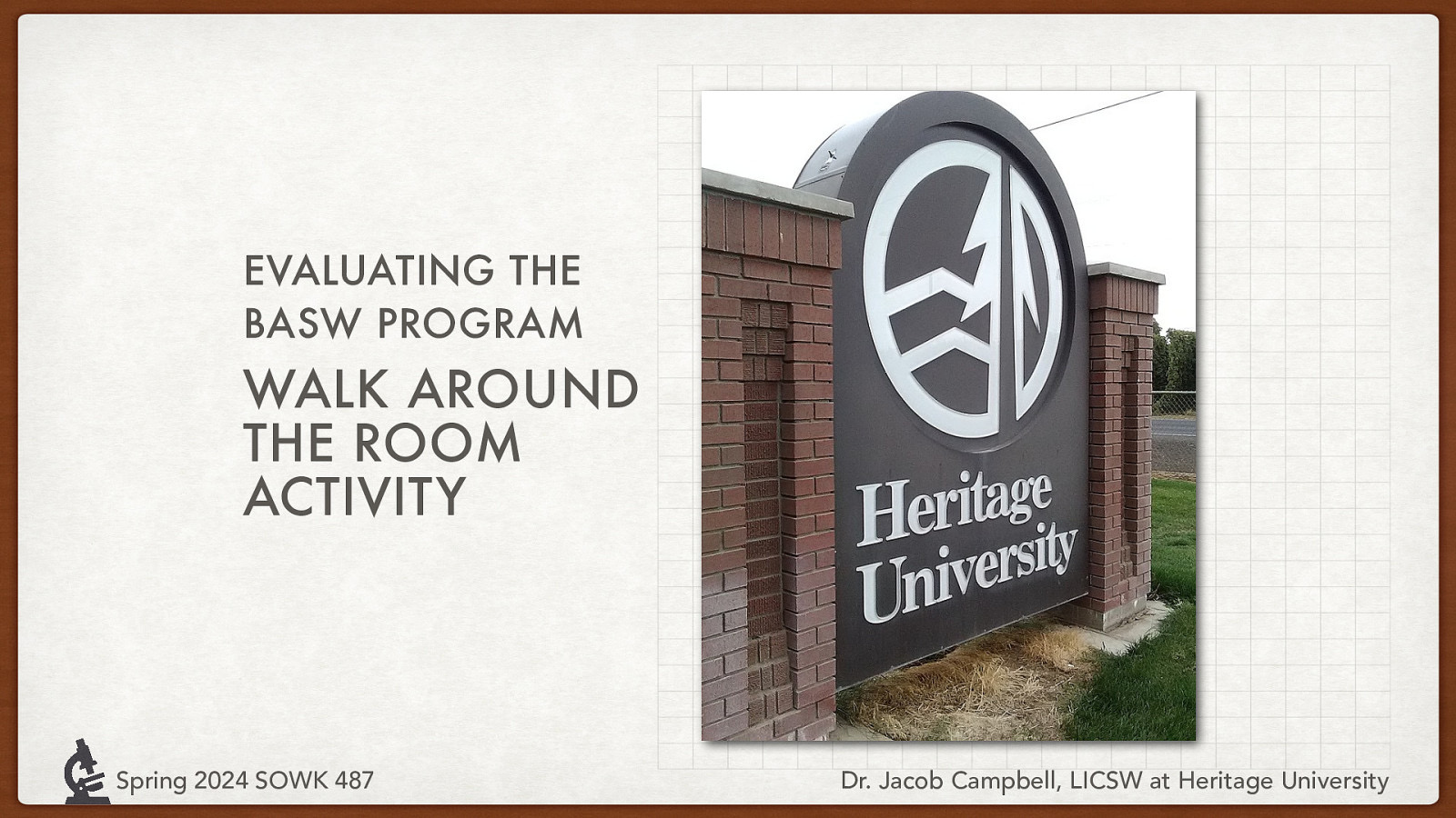 EVALUATING THE BASW PROGRAM WALK AROUND THE ROOM ACTIVITY Spring 2024 SOWK 487 Dr. Jacob Campbell, LICSW at Heritage University
