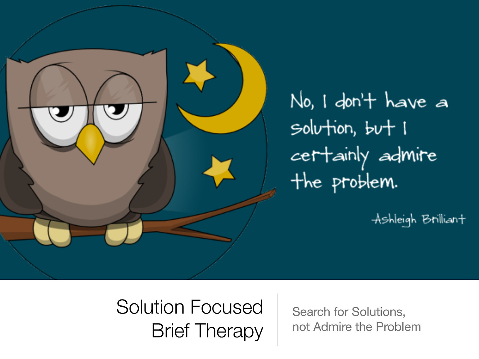  Solution-focused brief therapy is a treatment model and a part of the solution-focused framework. It was developed by Steve de Shazer, Insoo Kim Berg, and their colleagues starting in the late 1970’s   The solution-focused framework is unique because it is not focused on giving advice but giving the client the chance to direct the process.   Focus on solutions, not admiring the problem   Spend 25% of our time focusing on the circumstances Spend 75% of our time focusing on the goals 
