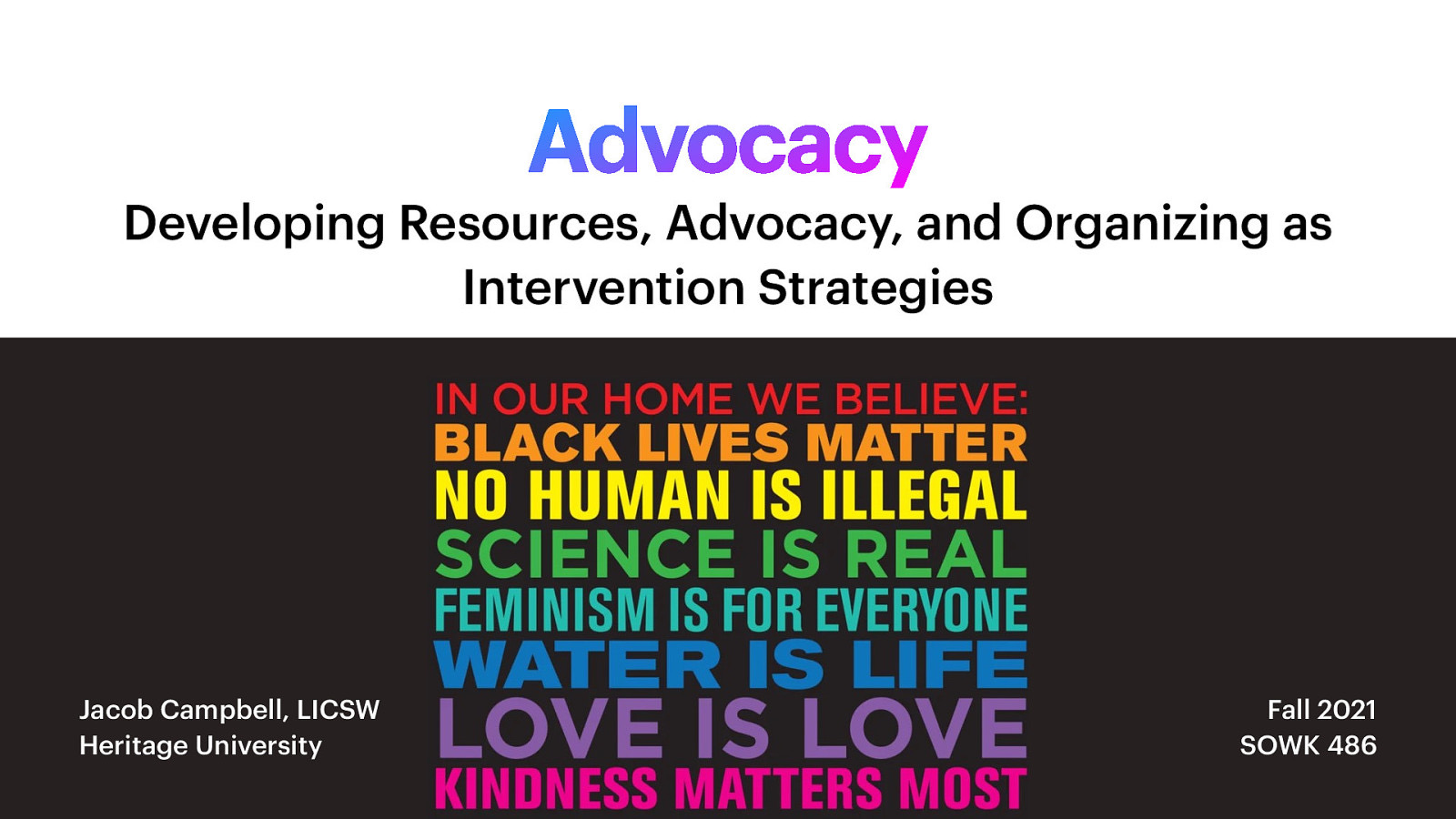 Advocacy Developing Resources, Advocacy, and Organizing as Intervention Strategies Jacob Campbell, LICSW Heritage University Fall 2021 SOWK 486