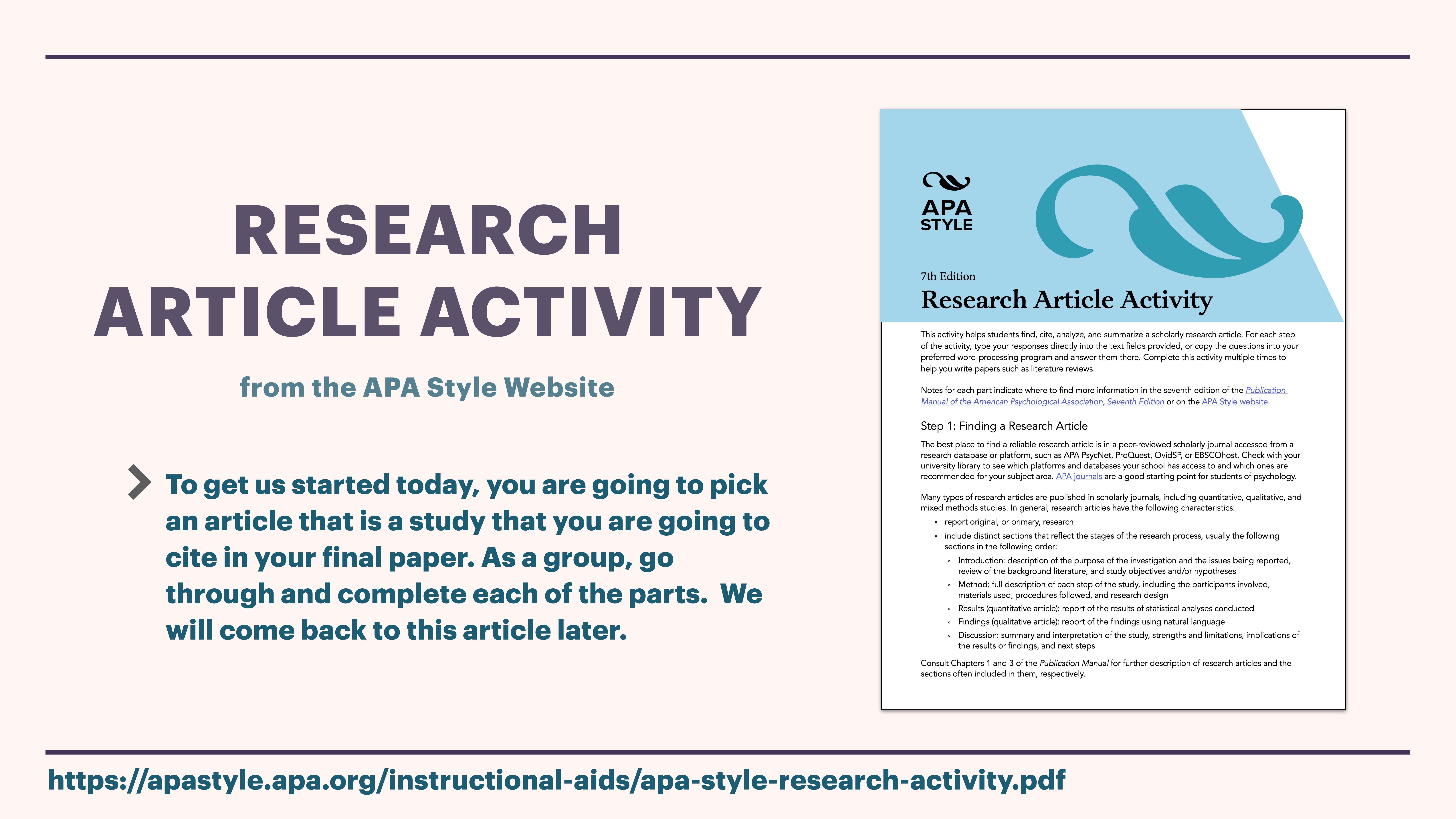 A presentation slide titled 'Research Article Activity' displays instructions to select an article for a final paper, with APA Style guidance. Text mentions collaboration and provides a website link for more information.