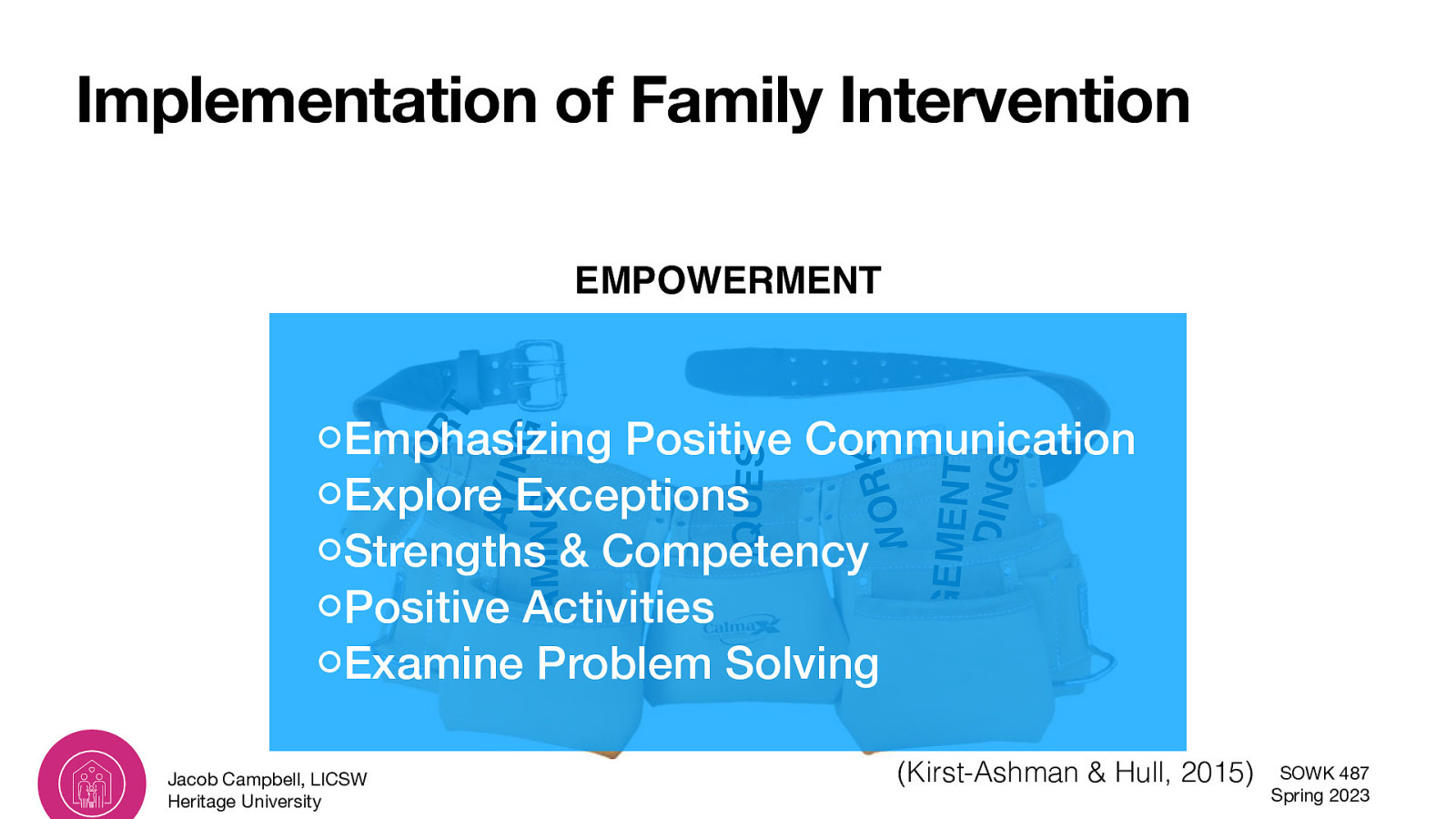 Implementation of Family Intervention OR T EMPOWERMENT Jacob Campbell, LICSW Heritage University K R CHILD EWO M O MARNHAGEME NT ECO RDIN G TECHNIQUES LAY ING REFRAMING ROL EP SU PP Emphasizing Positive Communication Explore Exceptions Strengths & Competency Positive Activities Examine Problem Solving (Kirst-Ashman & Hull, 2015) SOWK 487 Spring 2023
