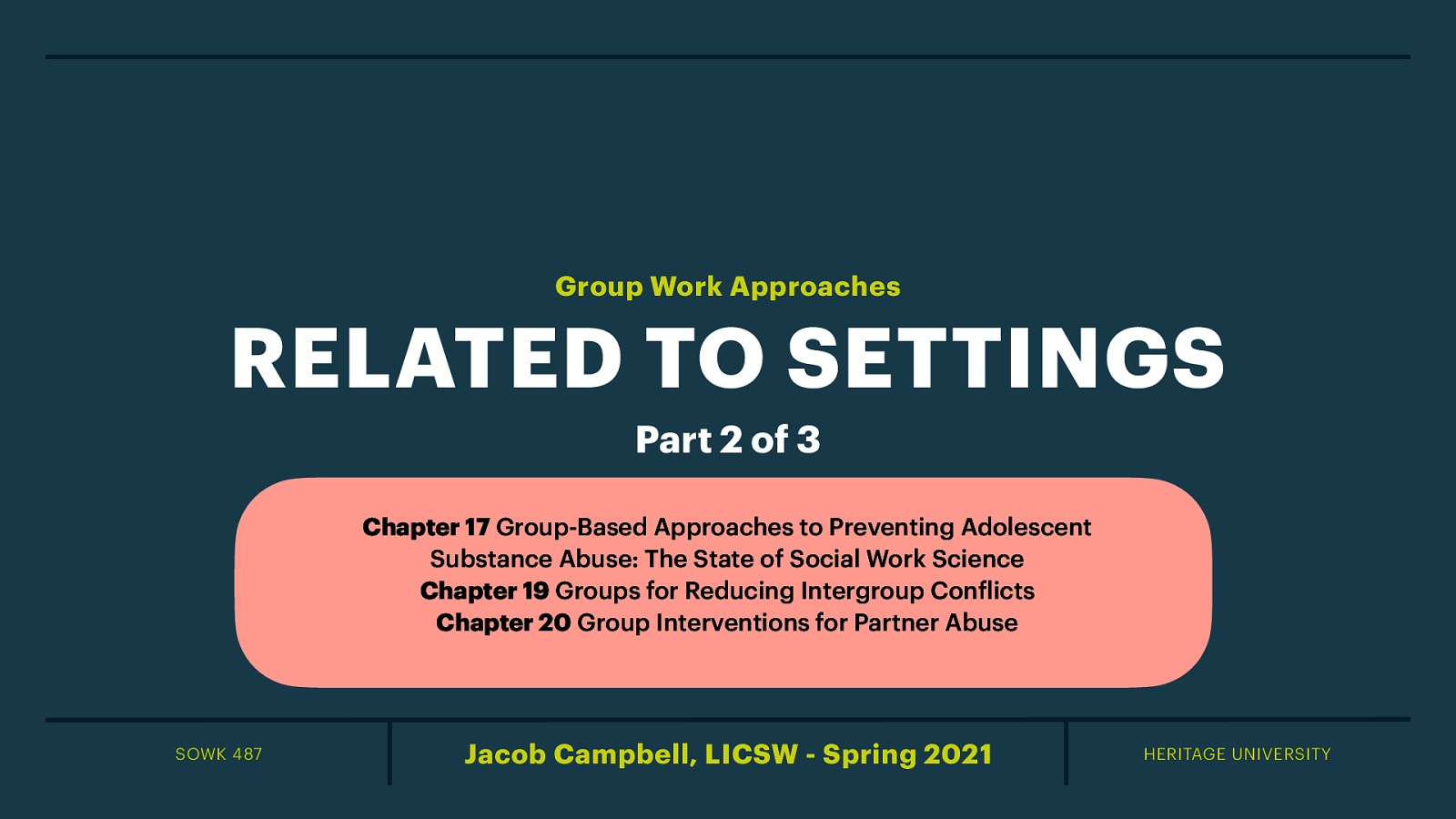 Time: Wednesday’s from 5:30-8:15 Date: 03/31/21 Content: Group Work Approaches Related to Setting II Reading Assignment: Garvin et al. (2017) Chapters 17, 19, and 20 Due Dates:   A-01: Synchronous Class Engagement Attend class  A-02: Asynchronous Class Engagement “W-12 Reflection on Hari TED Talk” due Sunday 04/04/21 at 11:55 PM via Flipgrid   [Extra Credit Assignments] A-05a - Therapeutic Group Participating and Reflective Paper and A-05b - Evidence Based Practices for Culturally Competent Social Work Research Paper are due Sunday 04/04/21 at 11:55 PM via My Heritage   Read Garvin et al. (2017) Chapters 17, 19, and 20 