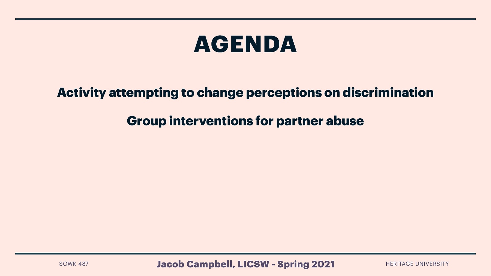 Agenda  Activity attempting to change perceptions on discrimination Group interventions for partner abuse 
