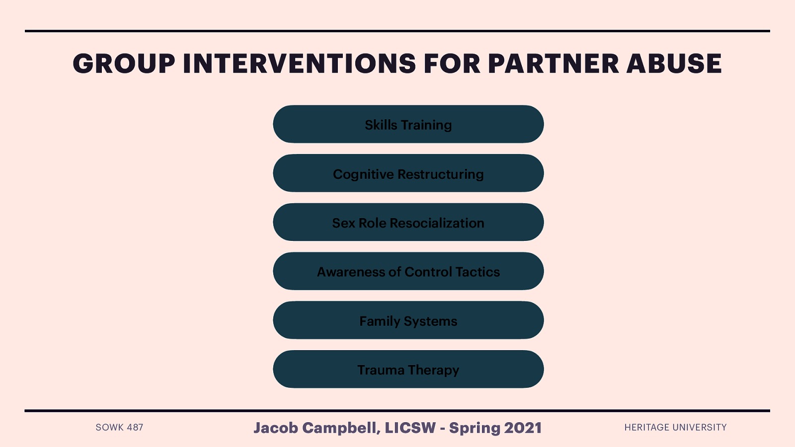  With partner abuse being such a widespread social, health, and mental health problem, looking to groups to address these complex problems. There are a number of intervention methods that get implemented. These include:    Skills training: Group leaders model positive behaviors through role plays, followed by the role-play rehearsal of new behaviors by group members. The goal is to enhance relationship skills in in order to replace abusive and other negative behaviors.  Cognitive Restructuring: Assumes faulty patterns of thinking lead to negative emotions, which lead to abusive behavior. Focuses on restructuring of these thoughts to reduce anger and fear. Focused on addressing the abuser  Sex Role Resocialization: Focus on helping men consider gender equality and greater flexibility in gender roles.  Awareness of Control Tactics: Build awareness of control tactics used to gain or maintain dominance over one’s partner.  Includes things such as isolation, demeaning language, control of finances, and other means of control  Family Systems: work with dealing with repeated cycles of interaction that may culminate in abuse.  Trauma Therapy: Work on healing from previous trauma, and developing empathy.  (Saunders, 2017)
