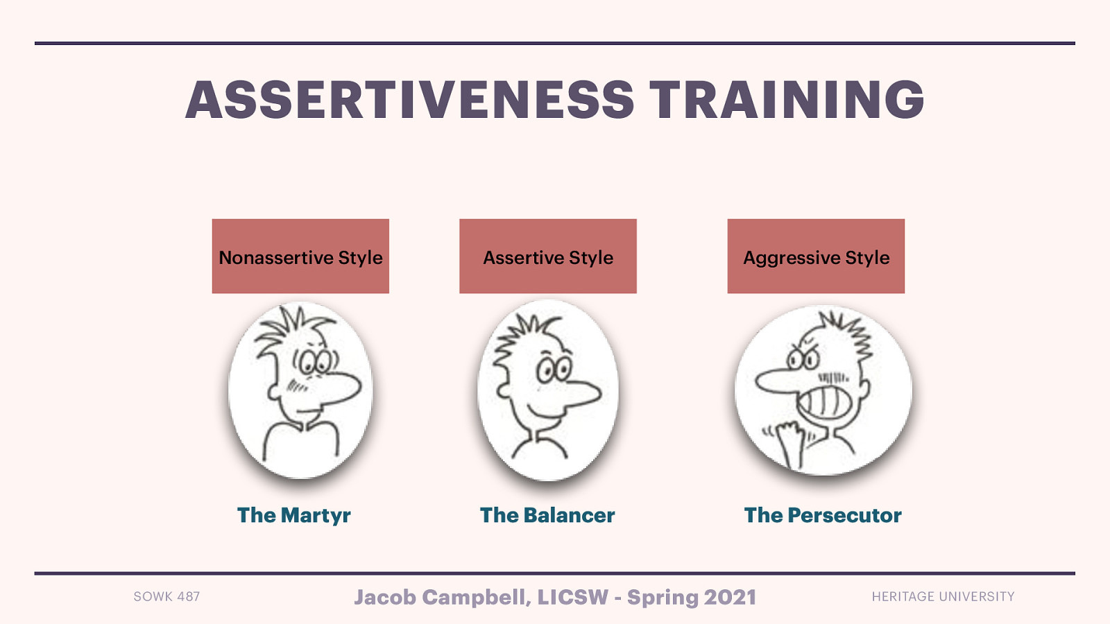 (Kirst-Ashman et al., 2015)  Social workers can teach women about assertiveness and how to develop assertiveness skills.   [Discussion] How many of you have some difficulty with assertiveness? In what ways?   Assertiveness involves verbal and nonverbal behavior that is straightforward but not offensive. There are generally thought to be three different styles.   Aggressive Style (“The Persecutor”)  Answers before the other person is through talking, speak loudly and abusively, glare at the other person, speak “past the issue (accusing, blaming, demeaning”), vehemently expound your feelings and opinions, Value yourself “above others,” and hurt others to avoid hurting yourself Dominating, manipulating, and humiliating others Frequently hostile in interactions or ignores   Nonassertive / Passive Style (“The Martyr”)  Likely to hesitate, speak softly, look away, avoid the issue, agree regarding-less of own feelings, not express opinions, value yourself “below” others, and hurt yourself to avoid any chance of hurting others Primary aim is to keep others happy Put aside her own needs and wants in deference to the wants of others because she doesn’t see herself as important   Assertive Style (“The Balancer”)  You will answer spontaneously, speak with a conversational tone and volume, looking at the other person, speak to the issue, openly express your personal feelings and opinions, value yourself equally to others, and hurt neither yourself nor others Balance her needs and the needs of others Involves consideration bot yourself and others   
