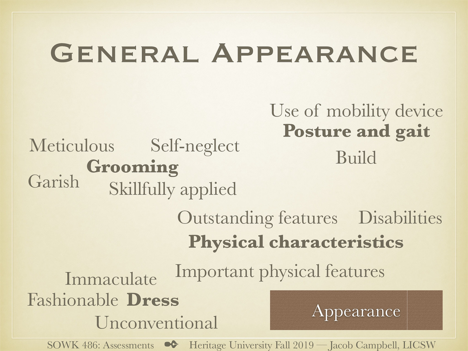  General appearance is one aspect that is evaluated by workers as a part of a diagnostic process.  —> Appearance  Grooming  Meticulous (too perfect) Skillfully applied Garish (outlandish) Self-neglect   Dress  Immaculate (too neat) Unconventional (odd) Fashionable (think small town)   Physical characteristics  Outstanding features (tattoos, missing part of hand… etc) Build (emaciated, thin, average, stocky, obese) Important physical features Disabilities   Posture and gait  Use of mobility device Slumped   
