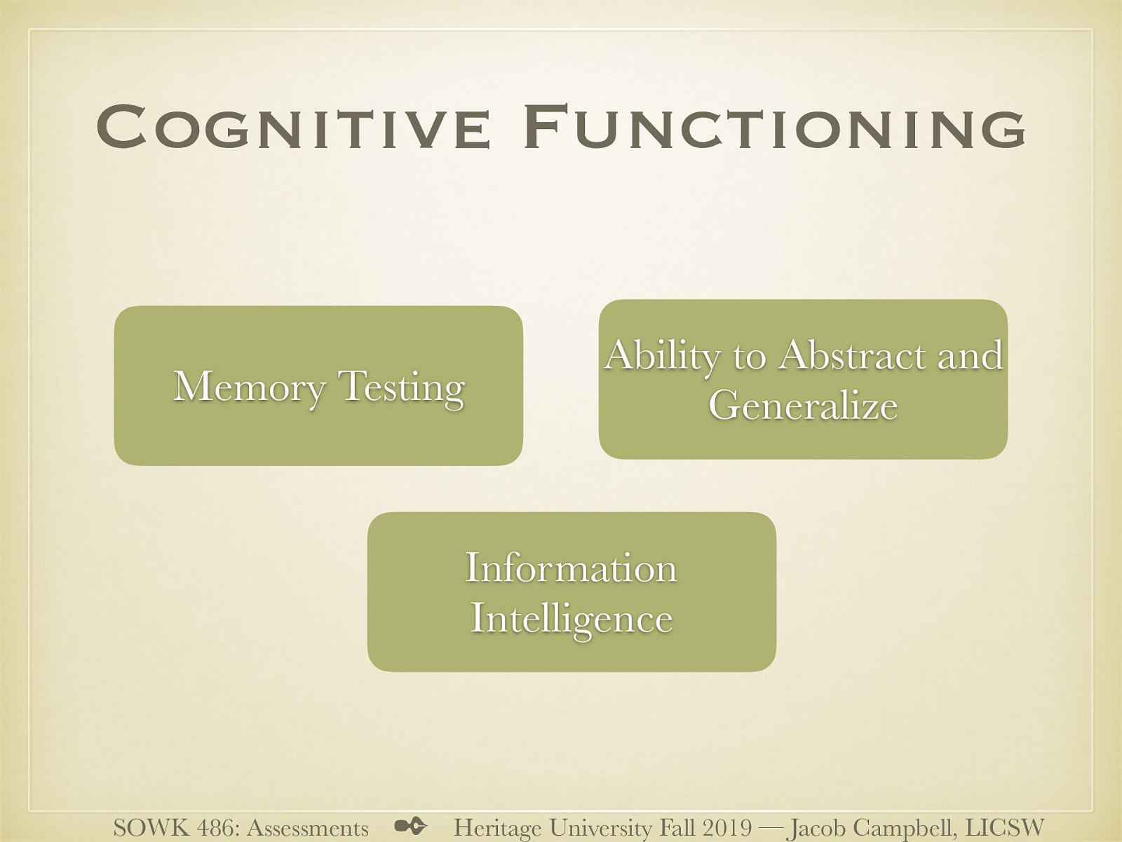  As well there can be…   Memory Testing  Immediate recall (digits adding one digit a time, significant if fails 5 or less digits) (think anxiety depression) Recent memory (apple penny table) Remote memories (information about life, major events… etc)   Ability to Abstract and Generalize  Proverbs (psychosis) Similarities and differences (apples and oranges)   Information Intelligence  Basic facts about figures… etc Fund of knowledge   
