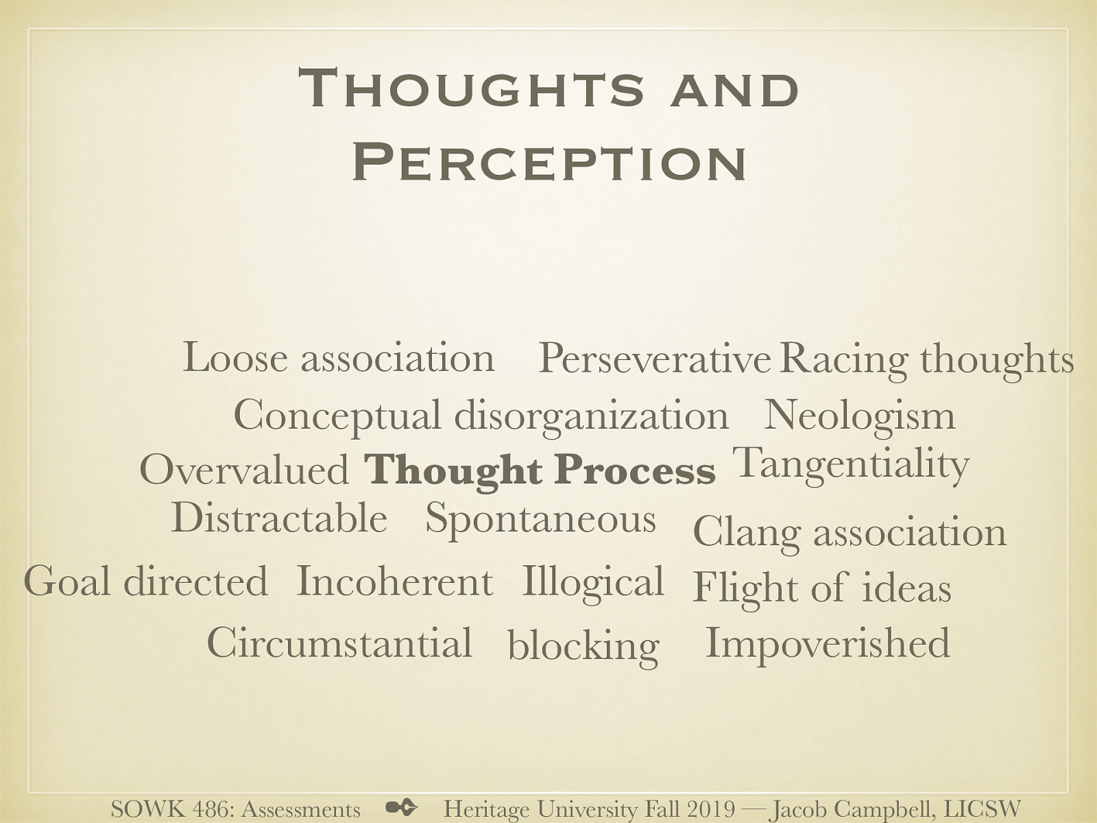  Thought Process - Flow of Ideas (quality of associations)  Spontaneous (without asking questions) Goal directed Impoverished Racing thoughts blocking (pausing) Circumstantial (too many irrelevant ideas) Persevrative Loose association (not logical) Flight of ideas (jumping from idea to another in logical sequence) Illogical Incoherent Neologism (new words) Distractable Clang association (Sound of word rather than idea) Tangentiality Overvalued (ideas might be possible, but used incorrectly) Conceptual disorganization   
