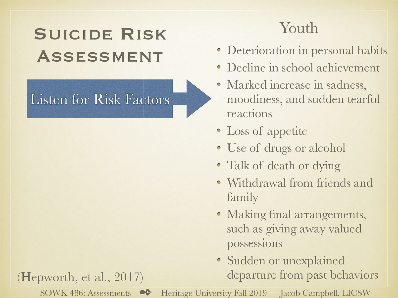  for youth, the following are some areas that we might want to consider.   Deterioration in personal habits Decline in school achievement Marked increase in sadness, moodiness, and sudden tearful reactions Loss of appetite Use of drugs or alcohol Talk of death or dying (even in a joking manner) Withdrawal from friends and family Making final arrangements, such as giving away valued possessions Sudden or unexplained departure from past behaviors (from shy to thrill-seeking or from outgoing to sullen and withdrawn) 
