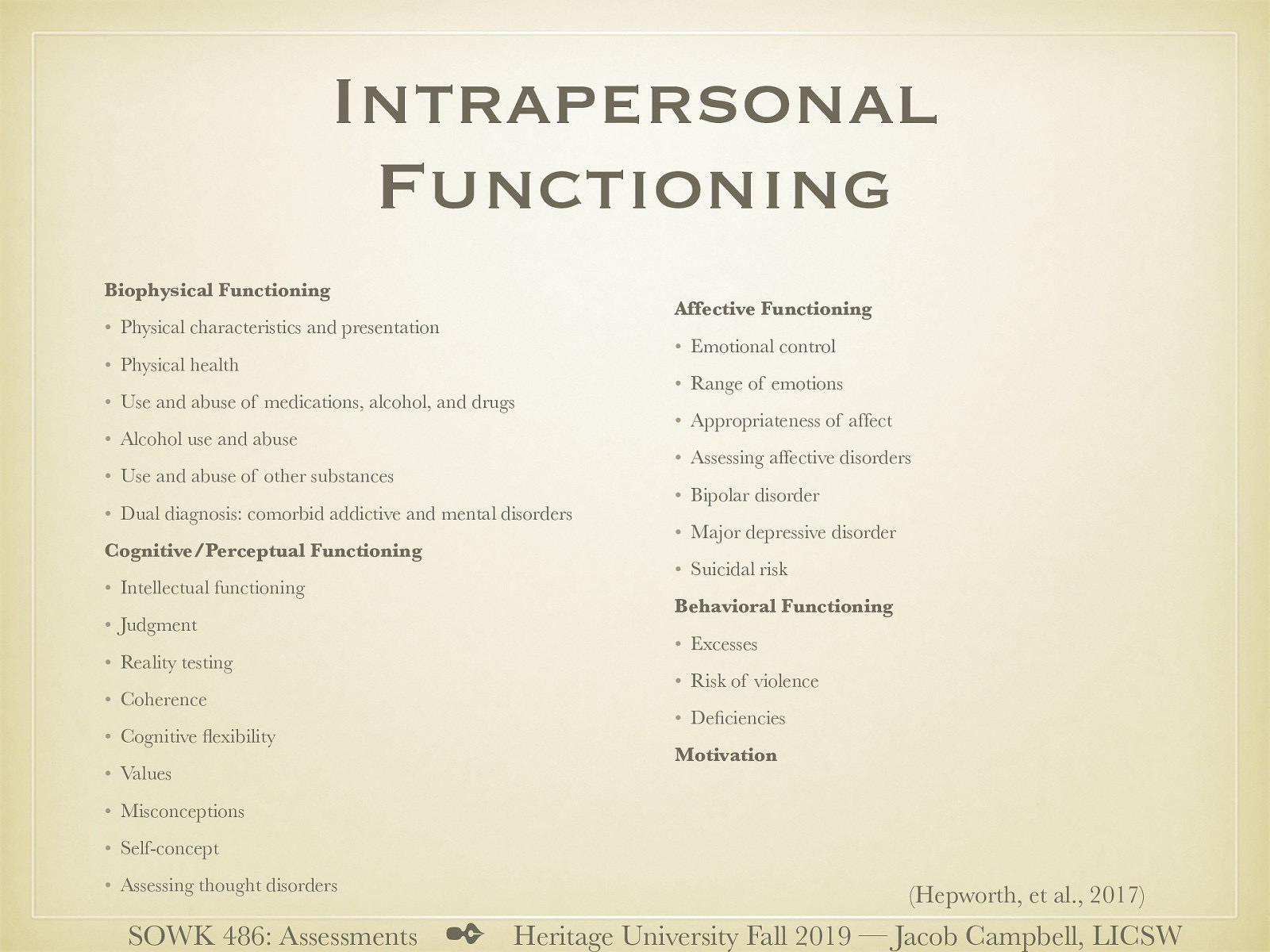  Biophysical Functioning  Physical characteristics and presentation Physical health Use and abuse of medications, alcohol, and drugs Alcohol use and abuse Use and abuse of other substances Dual diagnosis: comorbid addictive and mental disorders   Cognitive/Perceptual Functioning  Intellectual functioning Judgment Reality testing Coherence Cognitive flexibility Values Misconceptions Self-concept Assessing thought disorders   Affective Functioning  Emotional control Range of emotions Appropriateness of affect Assessing affective disorders Bipolar disorder Major depressive disorder Suicidal risk Depression and suicidal risk with children, adolescents, and older adults   Behavioral Functioning  Excesses Risk of violence Deficiencies   Motivation 
