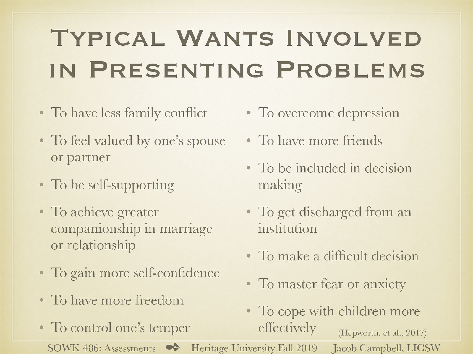  To have less family conflict To feel valued by one’s spouse or partner To be self-supporting To achieve greater companionship in marriage or relationship To gain more self-confidence To have more freedom To control one’s temper To overcome depression To have more friends To be included in decision making To get discharged from an institution To make a difficult decision To master fear or anxiety To cope with children more effectively 
