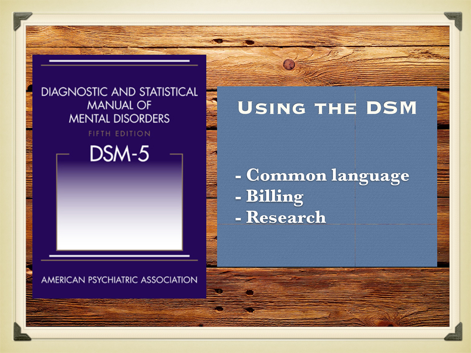  The Diagnostic and Statistical Manual of Mental Disorders is a collection of diagnoses of mental disordered accompanied by the typical behaviors and symptoms you might see in a particular diagnosis.  [Discussion] How much do you know about the DSM? [Discussion] What is the purpose of the DSM —> Click  Common language Billing Research 
