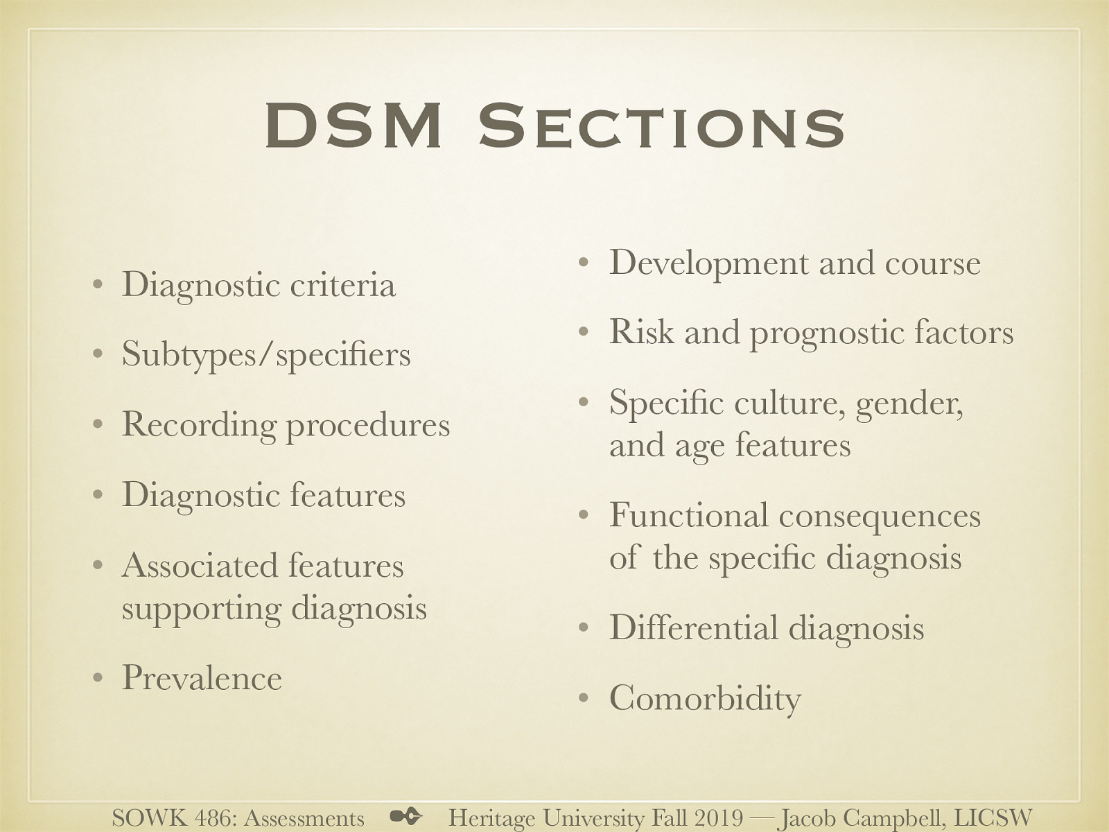  The Diagnostic and Statistical Manual, Fifth Edition (DSM-5) is an important tool for understanding and formulating mental and emotional disorders (American Psychiatric Association, 2013b).  For each disorder, the manual uses a standardized format to present relevant information. The sections contain:  Diagnostic criteria Subtypes/specifiers Recording procedures Diagnostic features Associated features supporting diagnosis Prevalence Development and course Risk and prognostic factors Specific culture, gender, and age features Functional consequences of the specific diagnosis Differential diagnosis Comorbidity 
