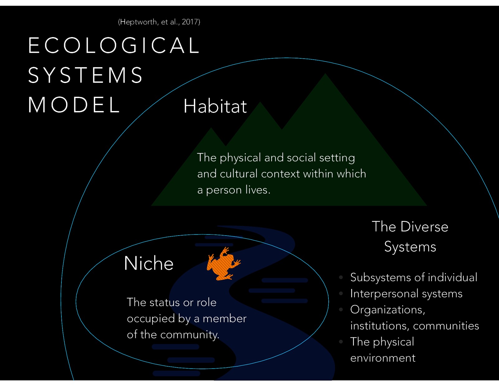  “Assessment from an ecological systems perspective obviously requires knowledge of the diverse systems involved in interactions between people and their environments”   Subsystems of individual (biophysical, cognitive, emotional, behavioral, motivational) Interpersonal systems (parent/child, marital, family, kin, friends, neighbors, cultural reference groups, spiritual belief systems, other members of social networks) Organizations, institutions, communities (housing, neighborhood environment, buildings, other artificial creations, water, weather and climate) The physical environment  Terms: target system action system (agency system) Closed systems vs. open systems
