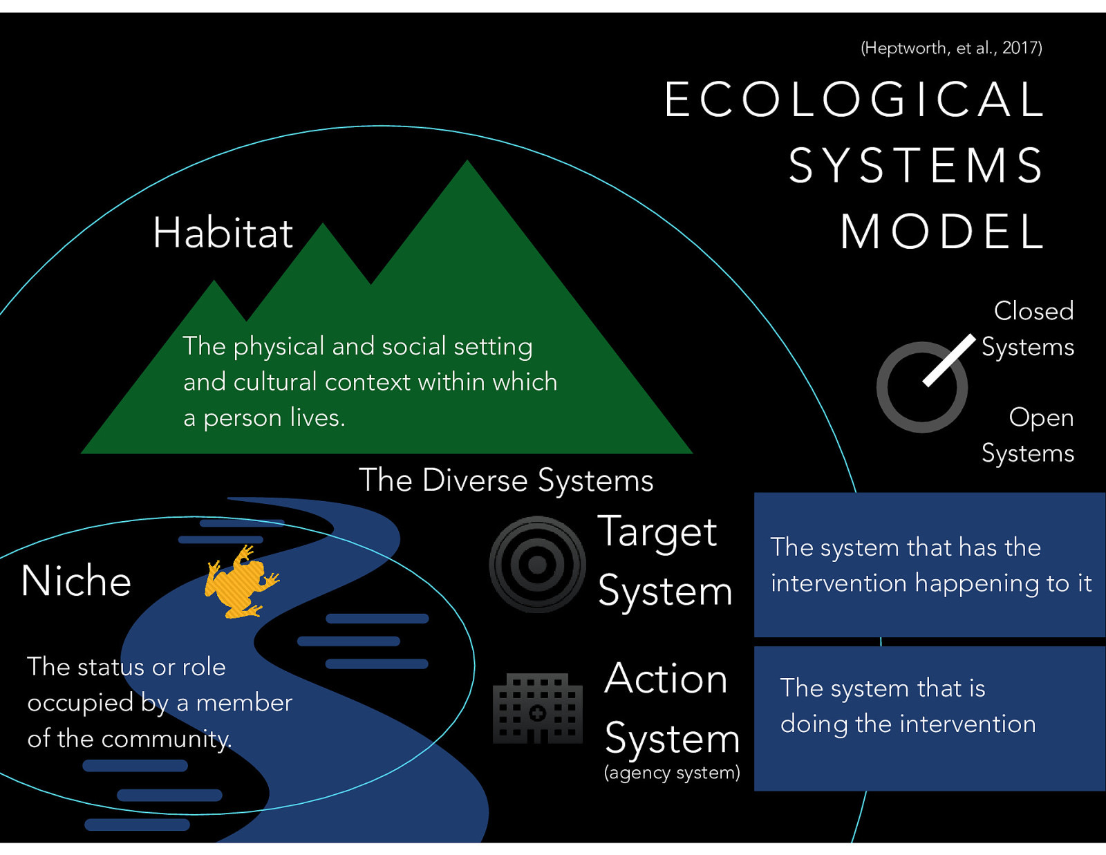  There are a number of terms that are also associated with ecological systems model. These include:    Closed Systems vs Open Systems: The ability for input to change the system  Target System: The system that has the intervention happening to it.  Action System or the Agency system: The system that is doing the intervention 
