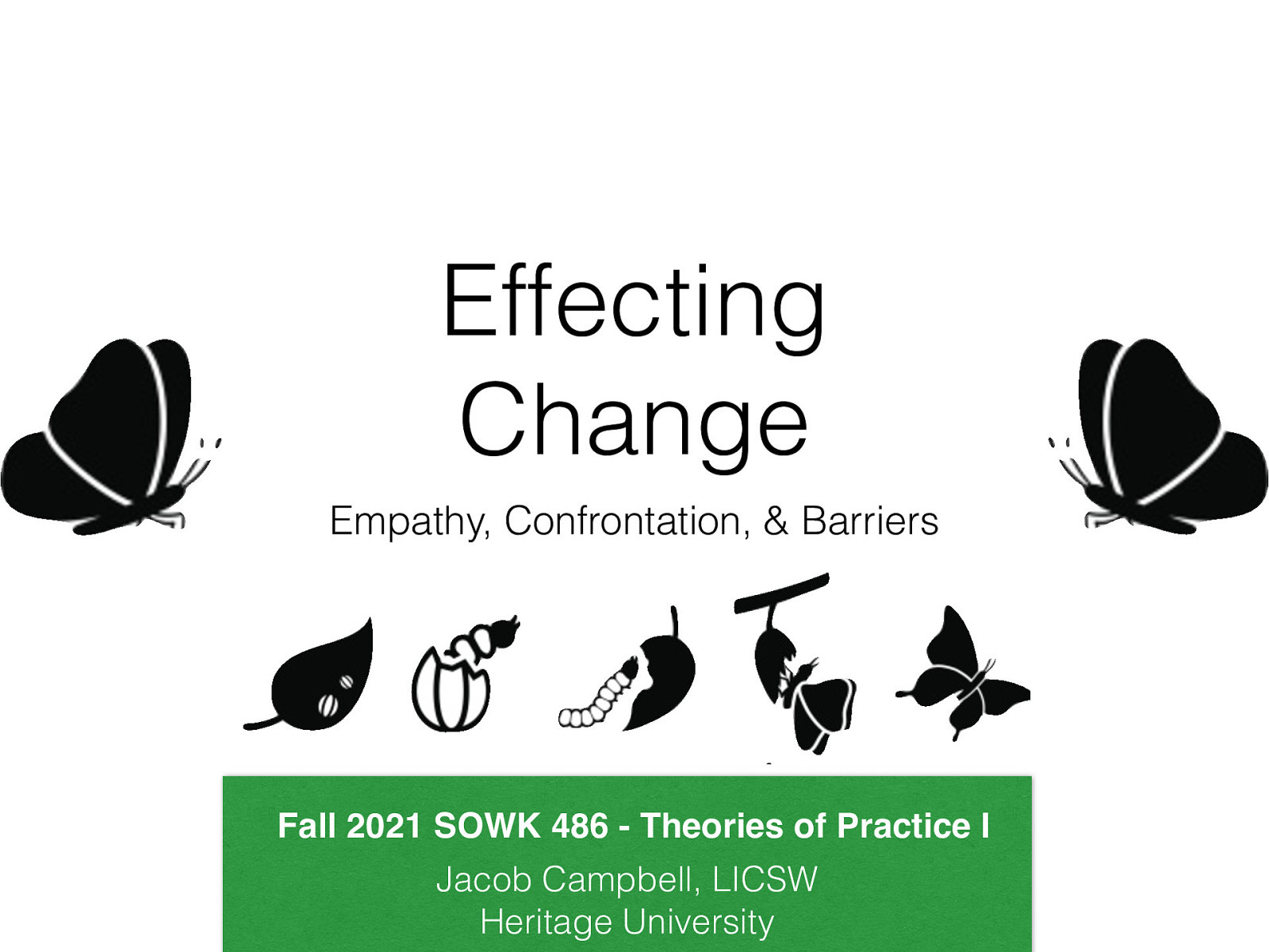 Effecting Change Empathy, Confrontation, & Barriers Fall 2021 SOWK 486 - Theories of Practice I Jacob Campbell, LICSW Heritage University
