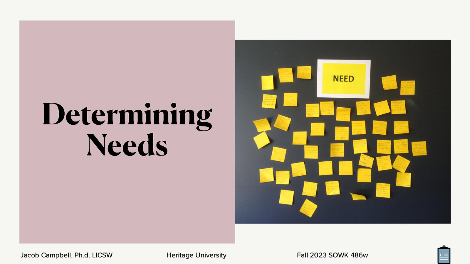 Determining Needs Jacob Campbell, Ph.d. LICSW Heritage University Fall 2023 SOWK 486w
