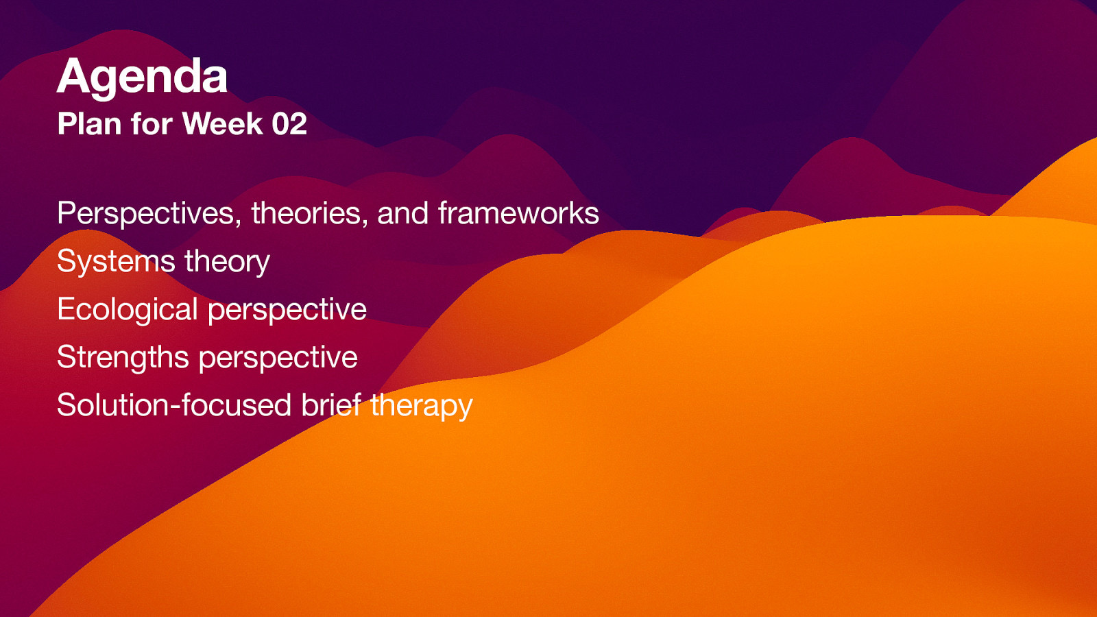 Agenda Plan for Week 02 Perspectives, theories, and frameworks Systems theory Ecological perspective Strengths perspective Solution-focused brief therapy
