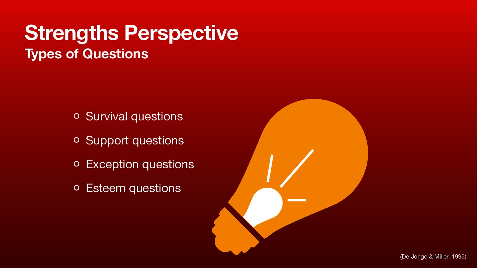 Strengths Perspective Types of Questions Survival questions Support questions Exception questions Esteem questions (De Jonge & Miller, 1995)
