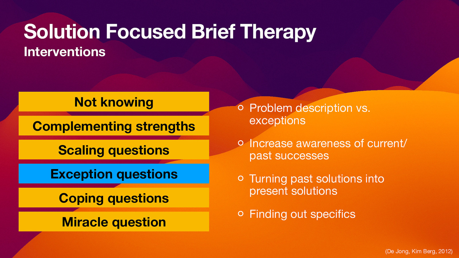 Solution Focused Brief Therapy Interventions Not knowing Complementing strengths Scaling questions Exception questions Coping questions Miracle question Problem description vs. exceptions Increase awareness of current/ past successes Turning past solutions into present solutions Finding out speci cs fi (De Jong, Kim Berg, 2012)
