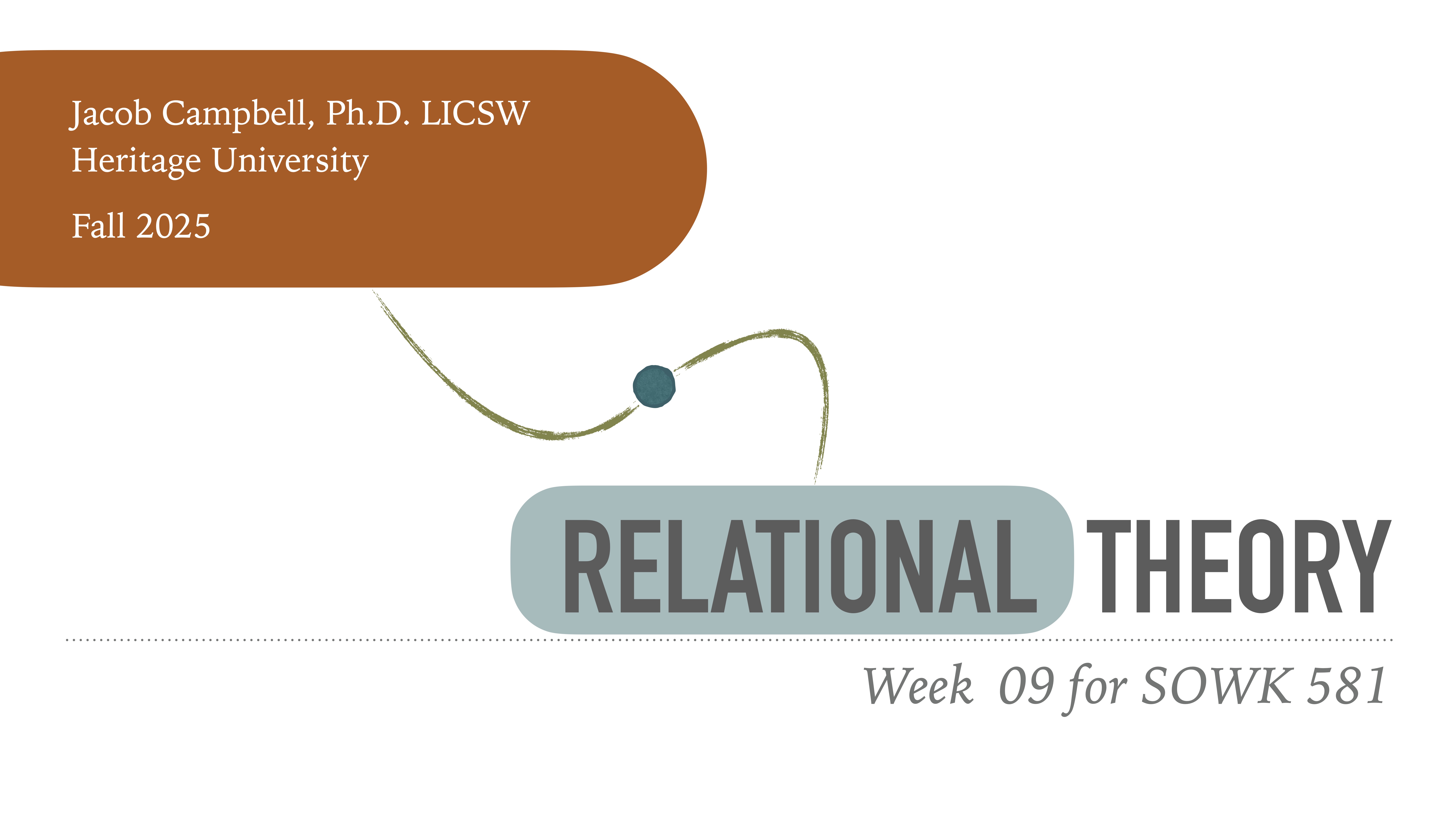 A presentation slide displays 'RELATIONAL THEORY' in bold with 'Week 09 for SOWK 581' below. Jacob Campbell, Ph.D., and course details are at the top left, against a simple background.